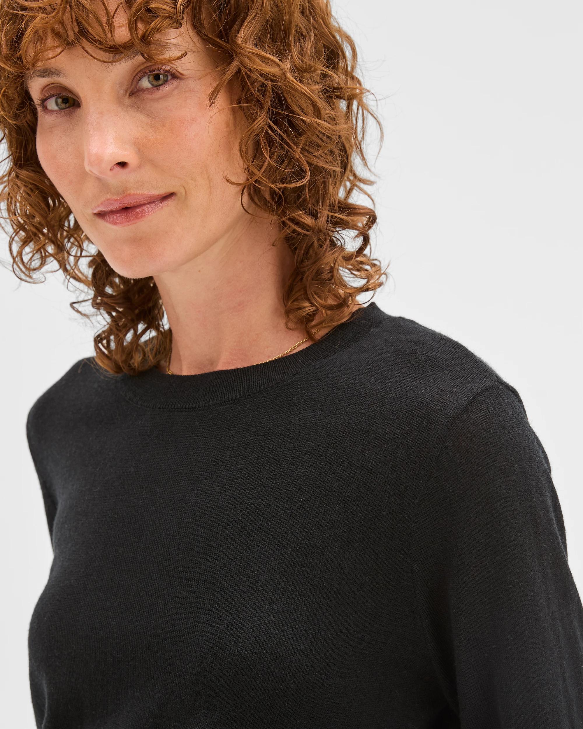 5 Preview Merino Crew Neck Stitch Detail Knit Sweater BLACK, 5 of 6