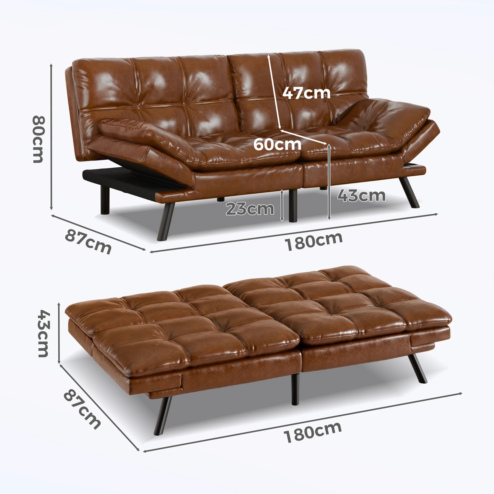 2 Alfordson Sofa Bed Couch 3 Seater Lounge Recliner Leather - Brown, 2 of 9