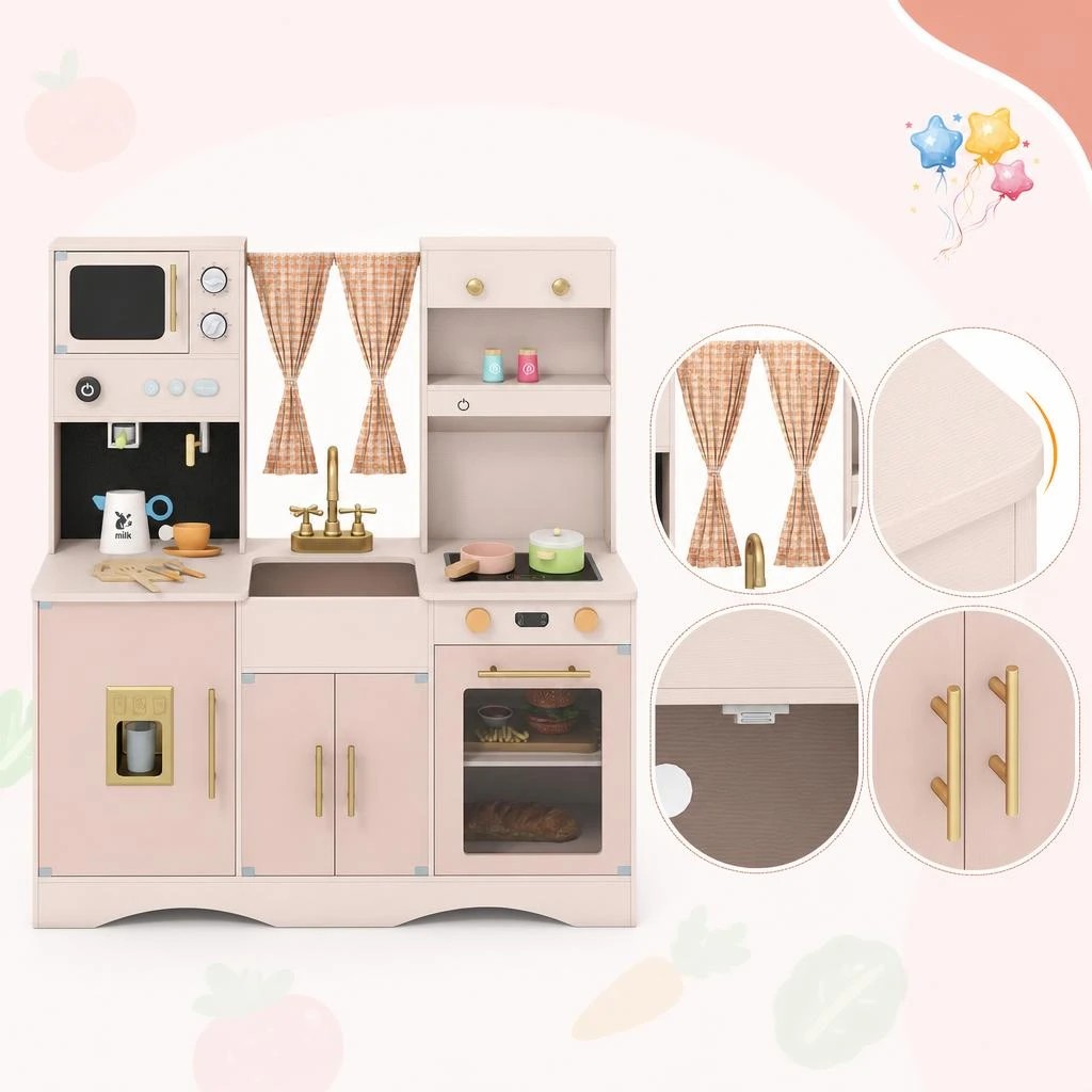 4 Costway Wooden Kitchen Playset Pretend Play Toy Kitchen w/Microwave Coffee Maker - Pink, 4 of 8