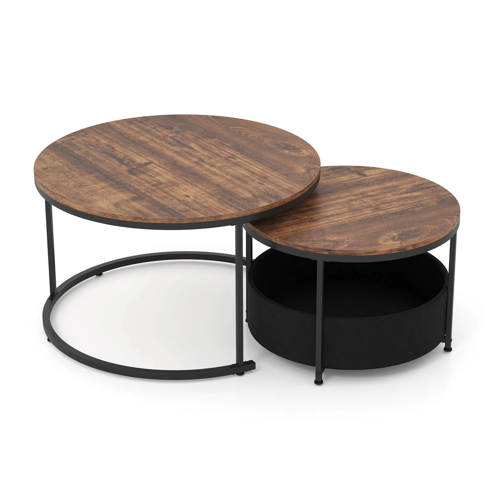 1 Costway 2 IN 1 Nesting Coffee Table Set of 2 w/Storage Round Sofa Side Table - Brown, 1 of 6