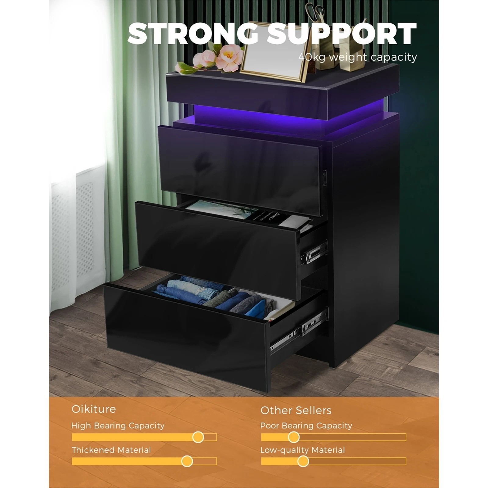 6 Oikiture Bedside Table Rgb Led 3 Drawers Nightstand Cabinet
 - Black, 6 of 9