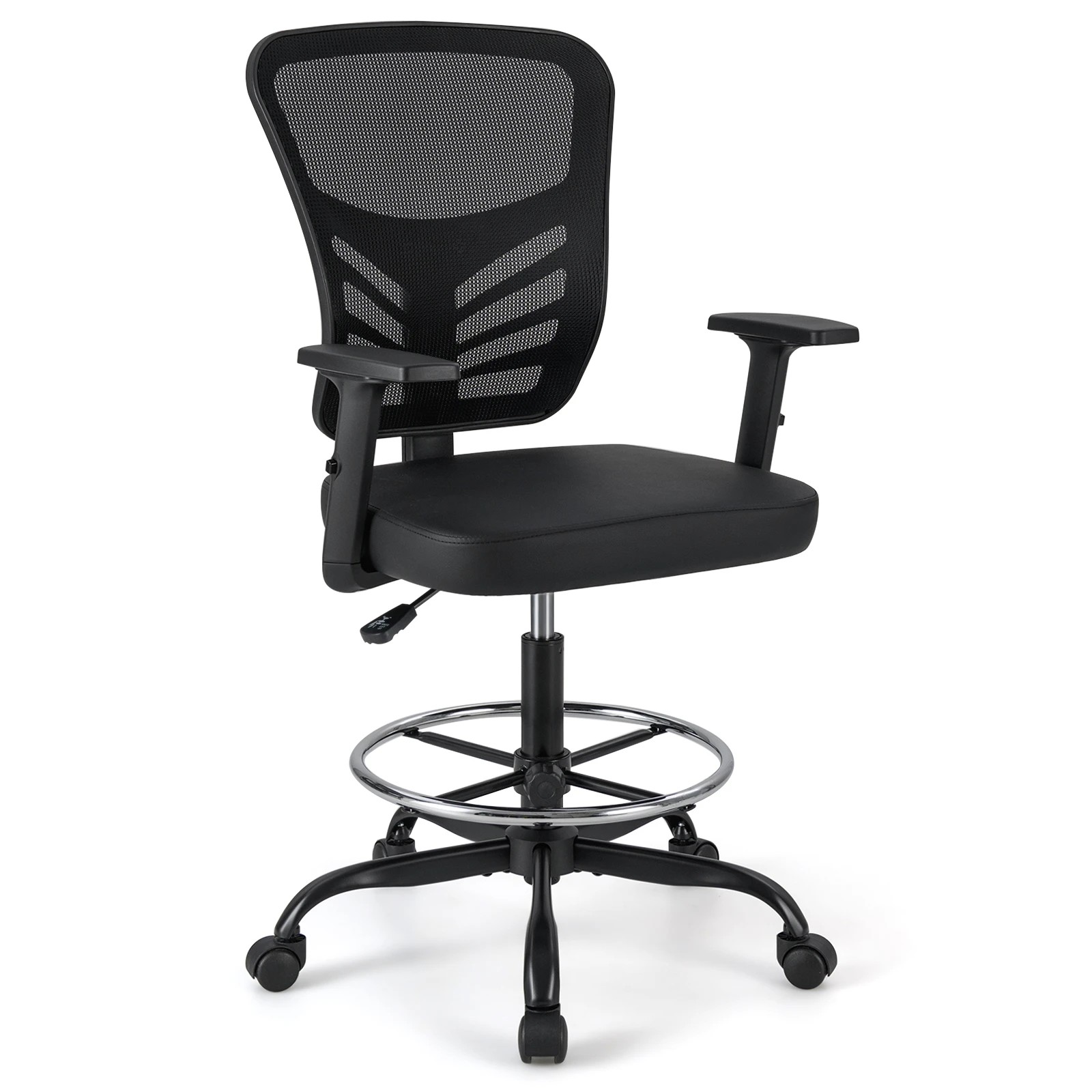 1 Costway Height-adjustable Drafting Chair Swivel Task Chair w/Adjustable Armrests Standing Desk Chair - Black, 1 of 4