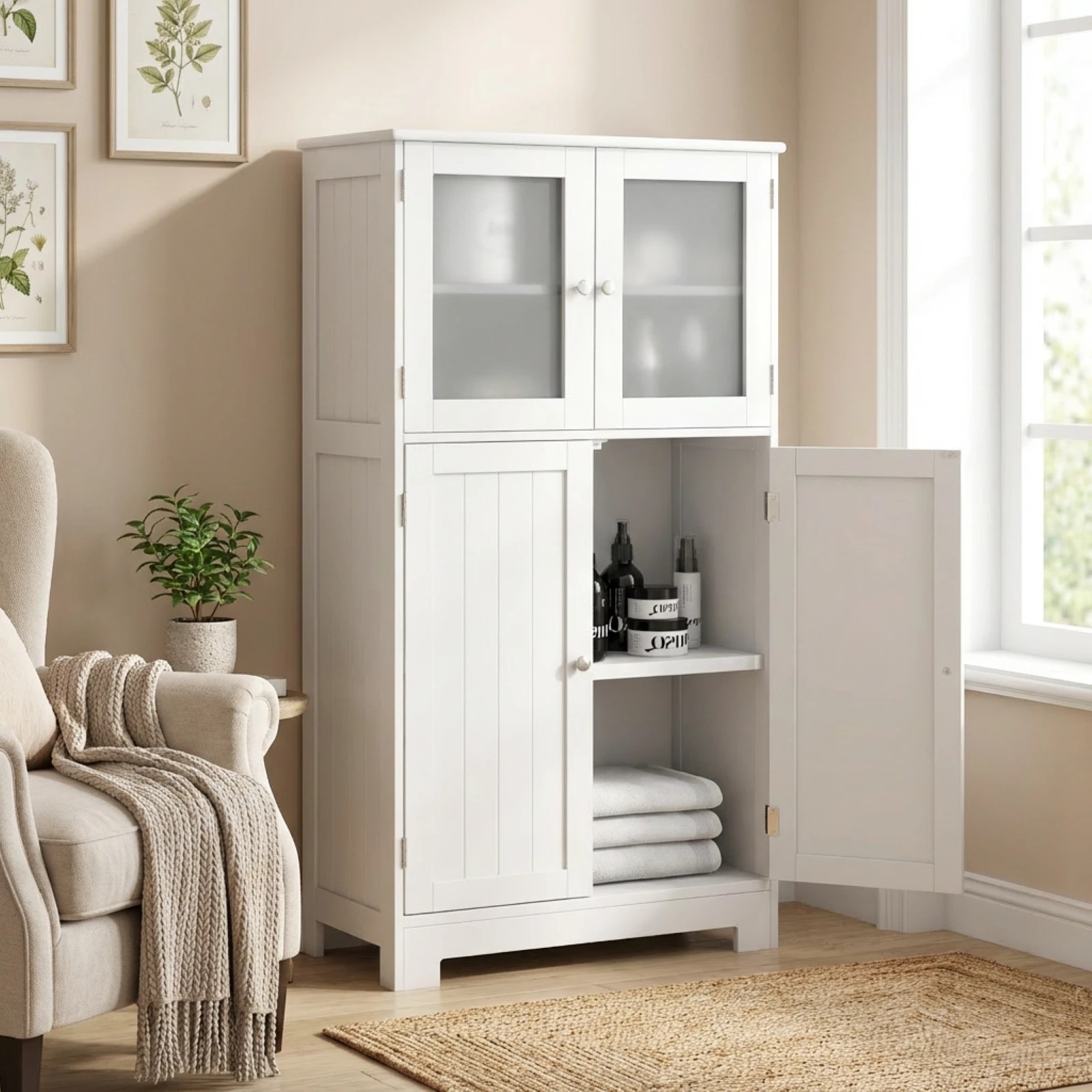4 Costway Bathroom Cabinet Toilet Storage Cupboard Organizer w/Shelf & 4 Doors - White, 4 of 5