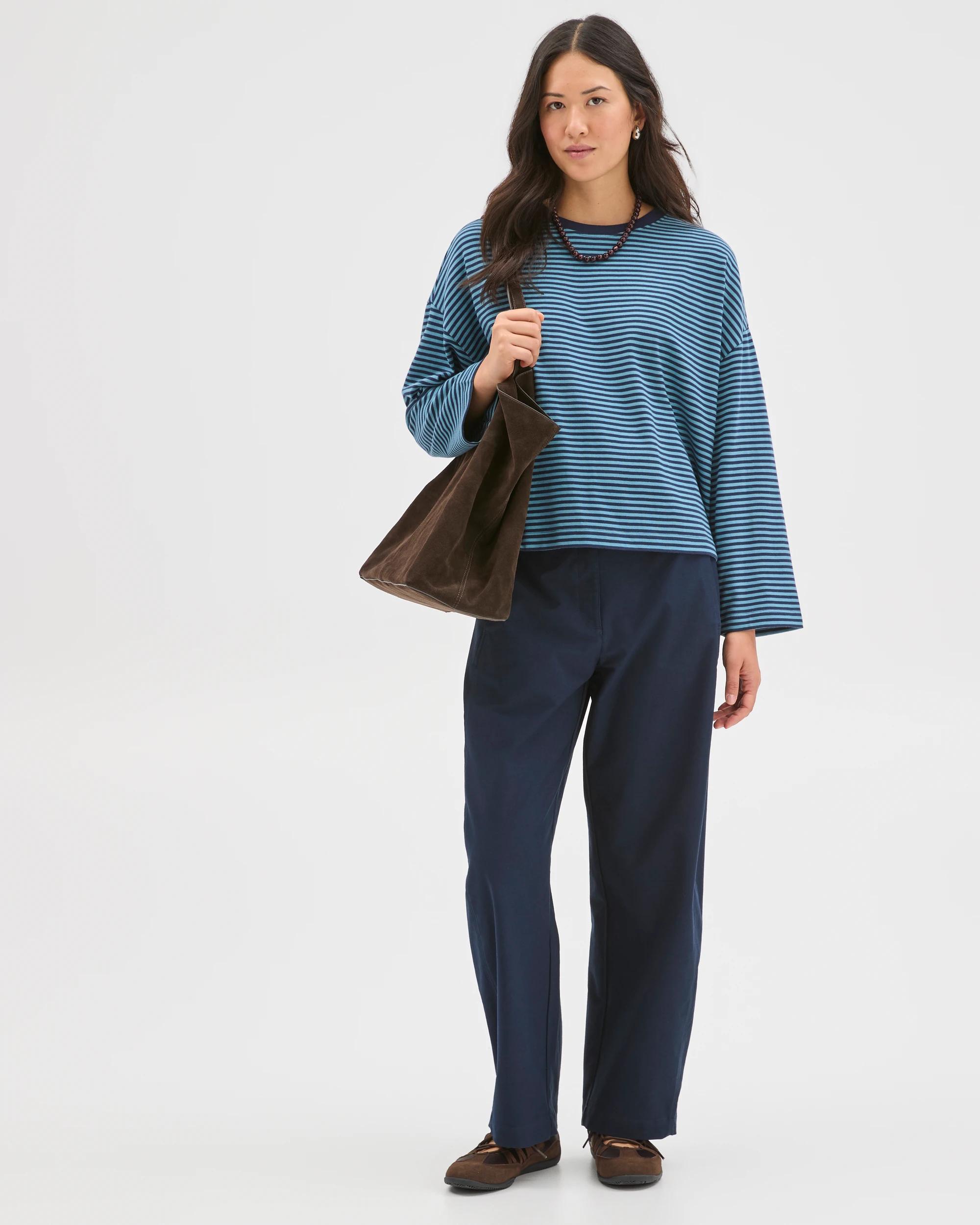 2 Target Woman Australian Cotton Long Sleeve Heavyweight Oversized T-Shirt INK NAVY/DUSTY BLUE STRIPE, 2 of 8