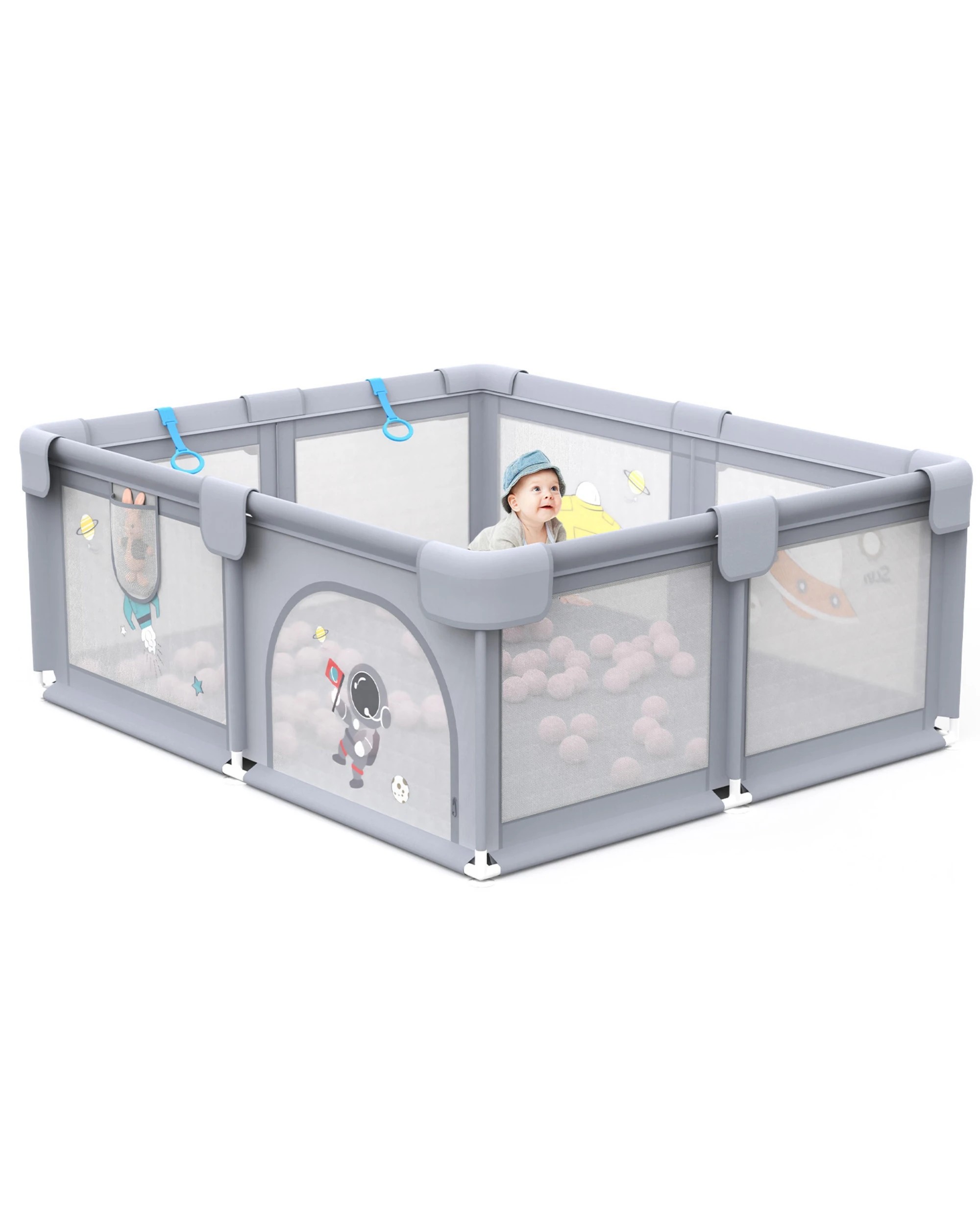 2 Advwin 155x 185cm Large Baby Playpen with Anti-Slip Base 2 Pull Ring - Grey, 2 of 4