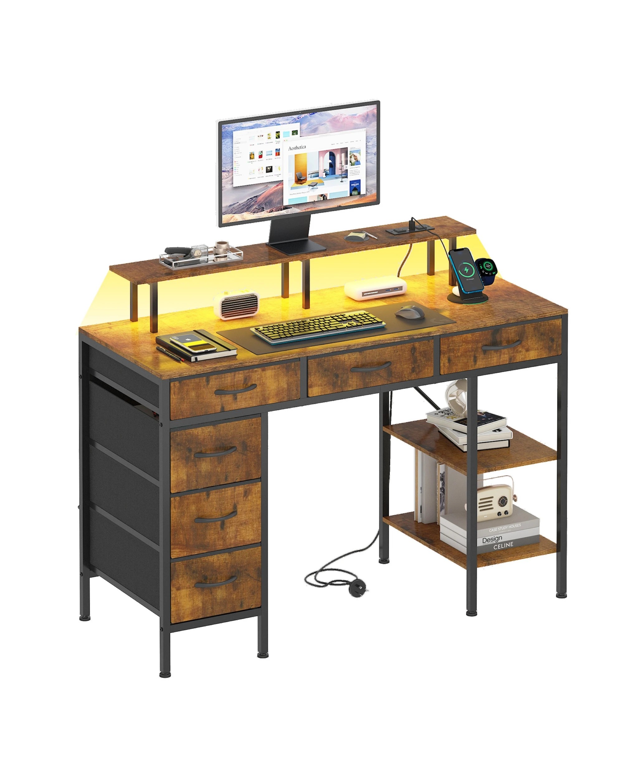 3 Advwin Computer Desk with LED Lights & Power Outlets, 120cm Gaming Desk with 6 Fabric Drawers, 3 of 9