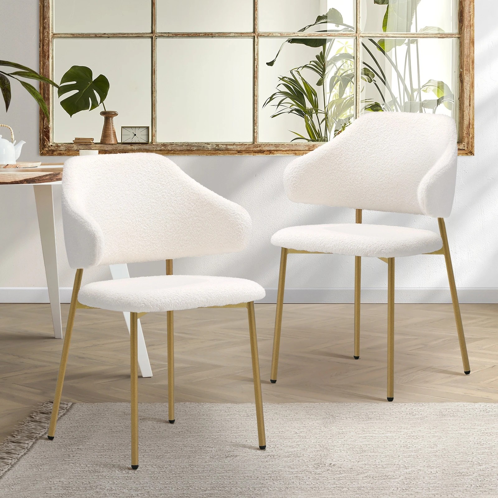 2 Oikiture 2x Dining Chair Accent Chairs Kitchen Padded Seat Sherpa Gold Metal Legs
 - White, 2 of 10