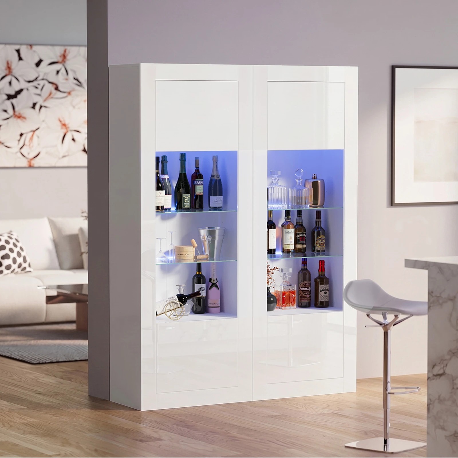 4 Oikiture 2PCS Display Cabinet Sideboard Buffet Storage Cupboard LED Light - White, 4 of 8