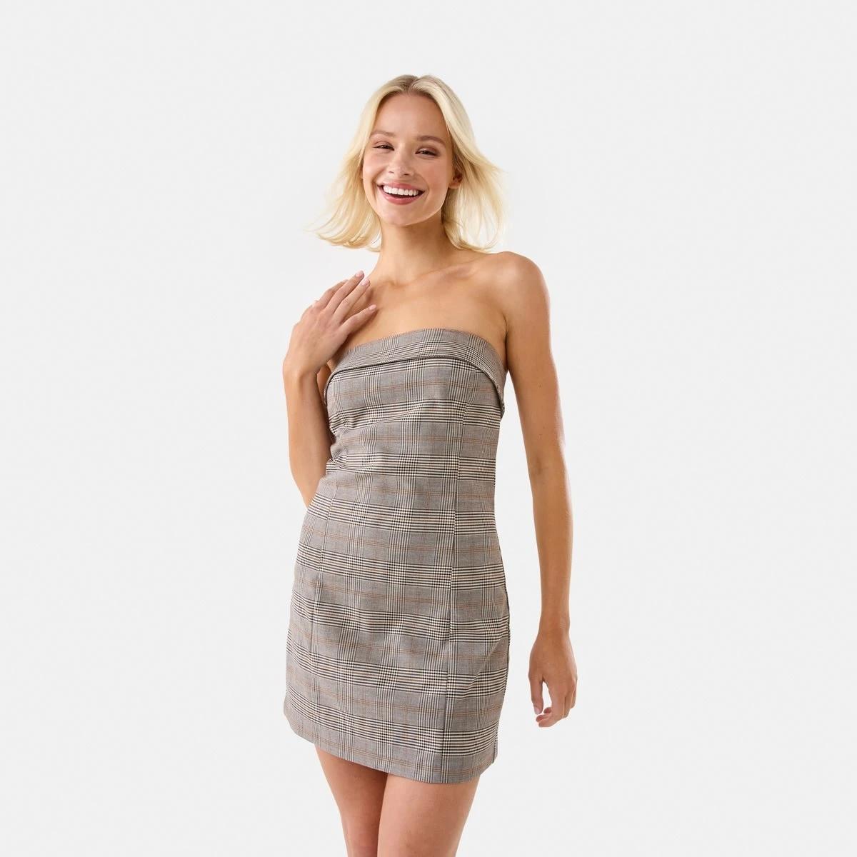 1 Strapless Check Mini Dress Brown Chk, 1 of 6