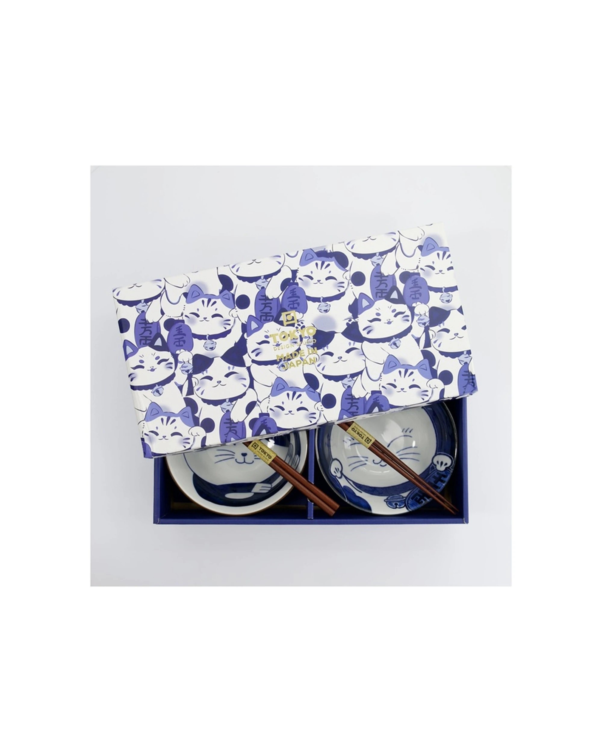 3 Tokyo Design 2pc Kawaii Cat Neko Bowl With Chopsticks Cat Porcelain Japanese Bowls Set - Blue, 3 of 6