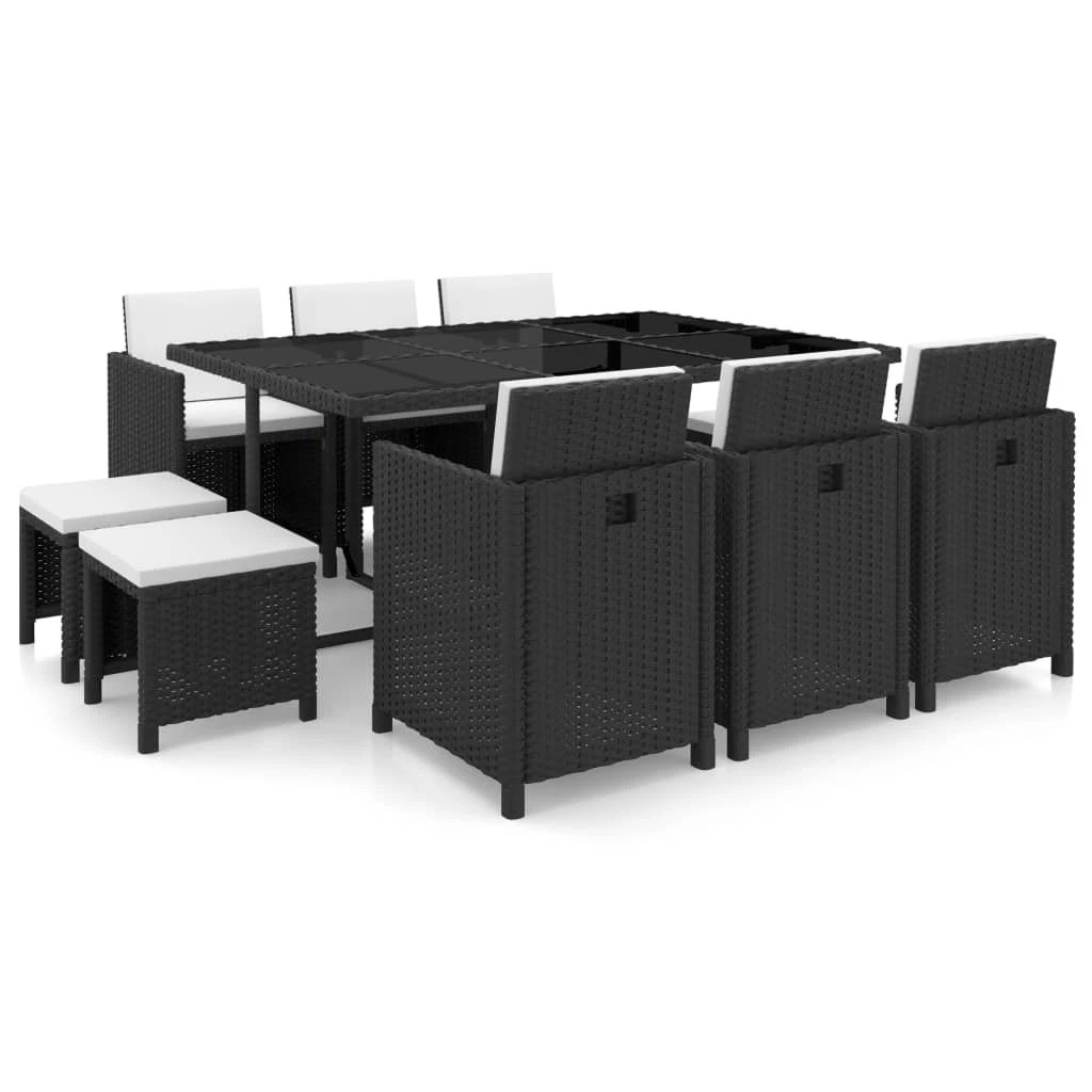 1 vidaXL 11 Piece Outdoor Dining Set With Cushions Poly Rattan - Black, 1 of 8