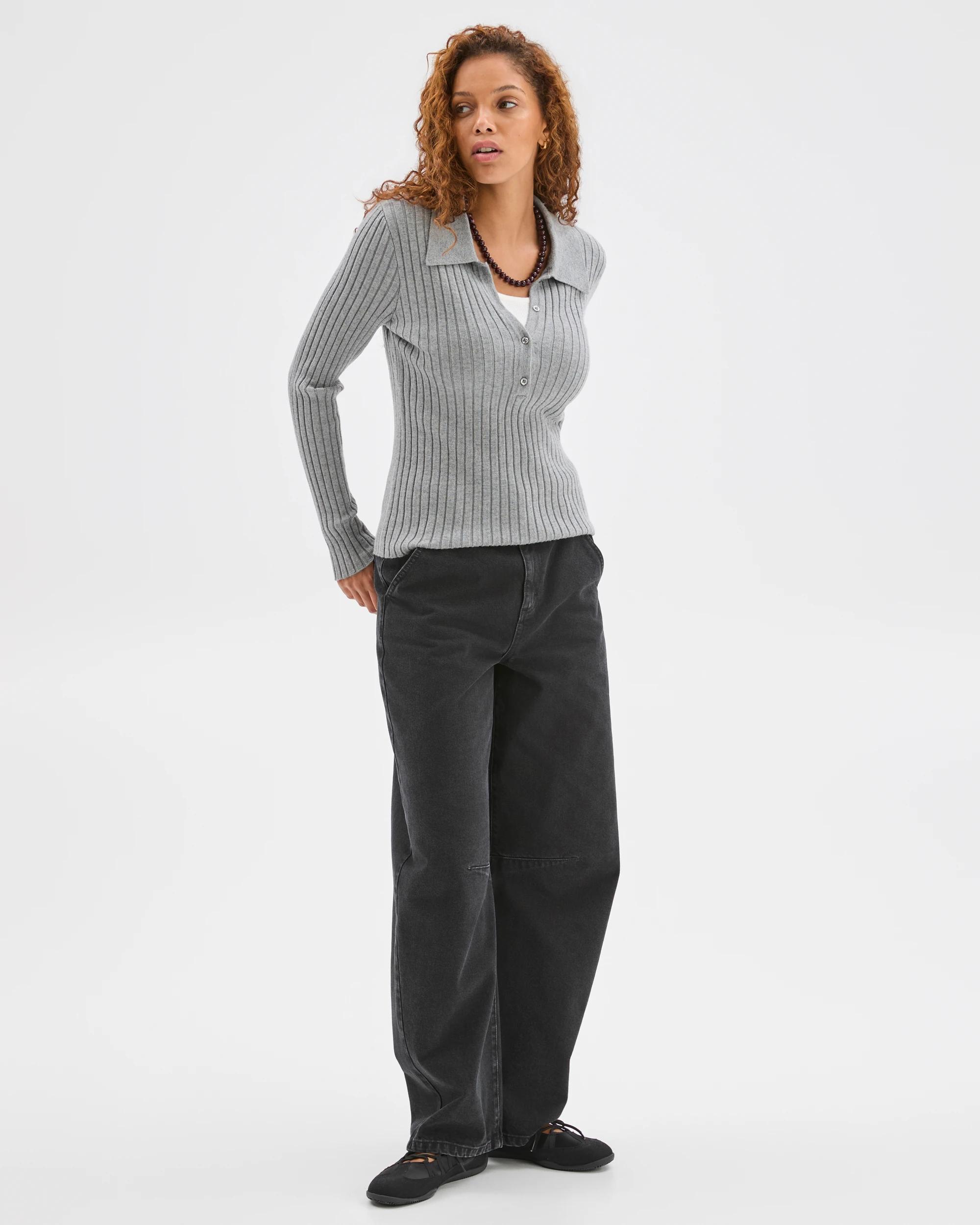 3 Target Woman Fine Knit Double Layer Polo Jumper MID GREY MARLE, 3 of 6