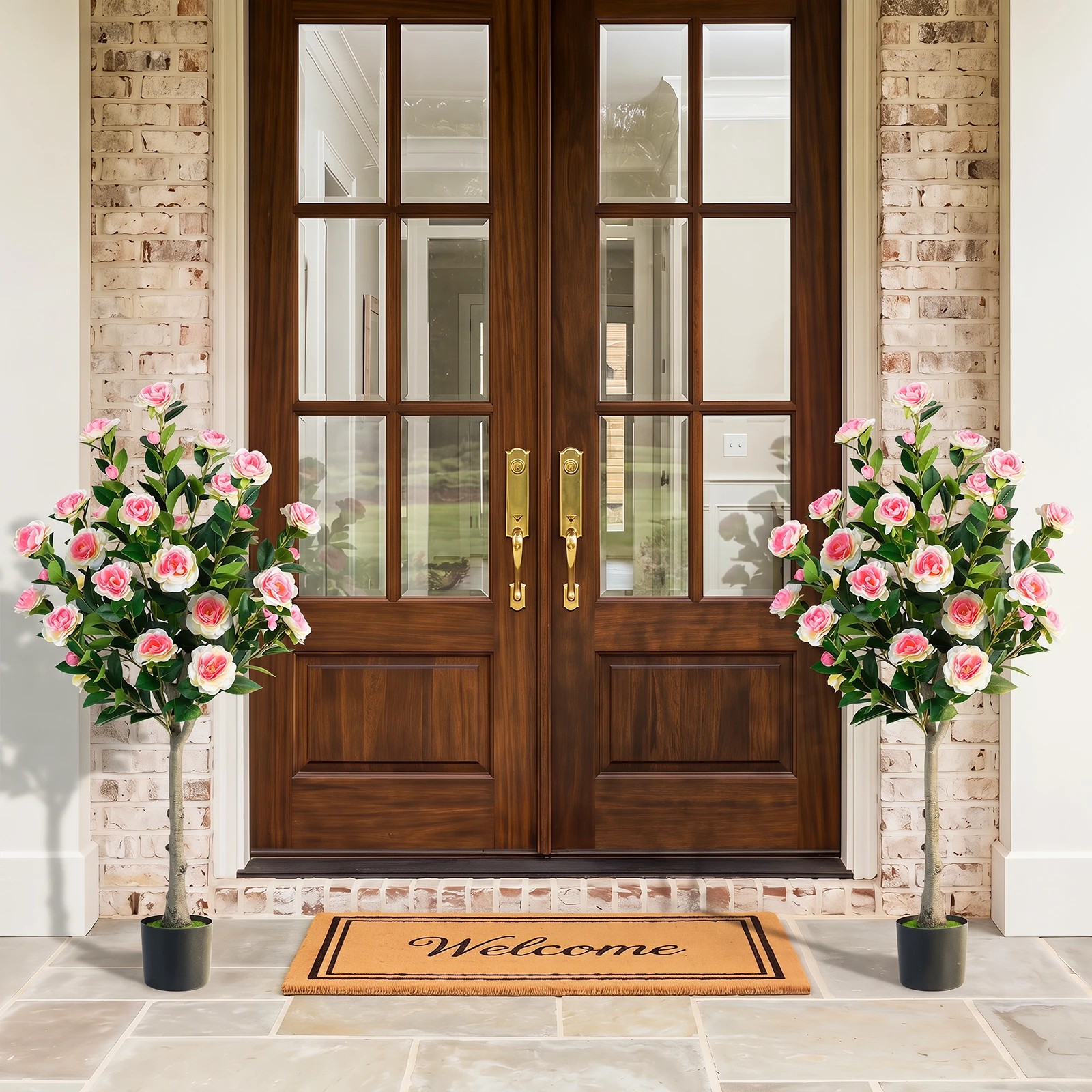 3 Costway 128cm Artificial Camellia Tree Faux Flower Greenery Plant 2 Pack, 3 of 3