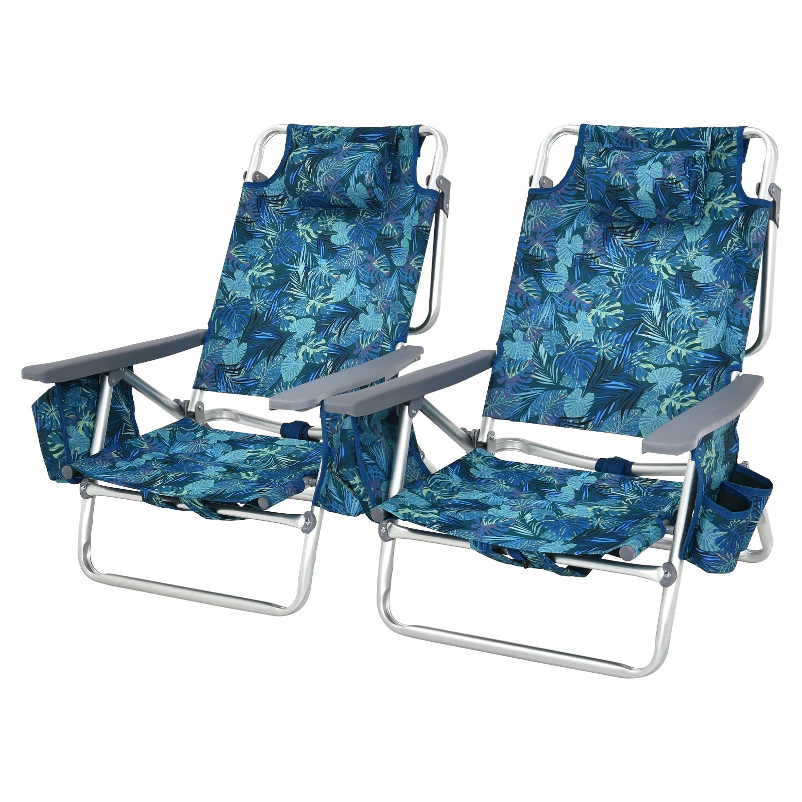 1 Costway 2x Folding Beach Chair 5-Position Adjustable Reclining Chair w/Headrest Plant Print, 1 of 1
