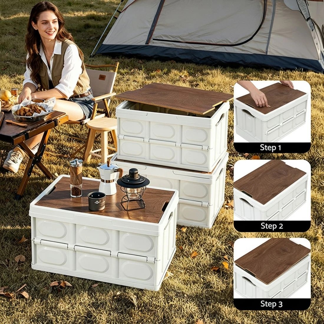 4 Gardeon Collapsible Outdoor Storage Box 50L Stackable Folding Camping Organizer Plywood Lid - Multi, 4 of 7