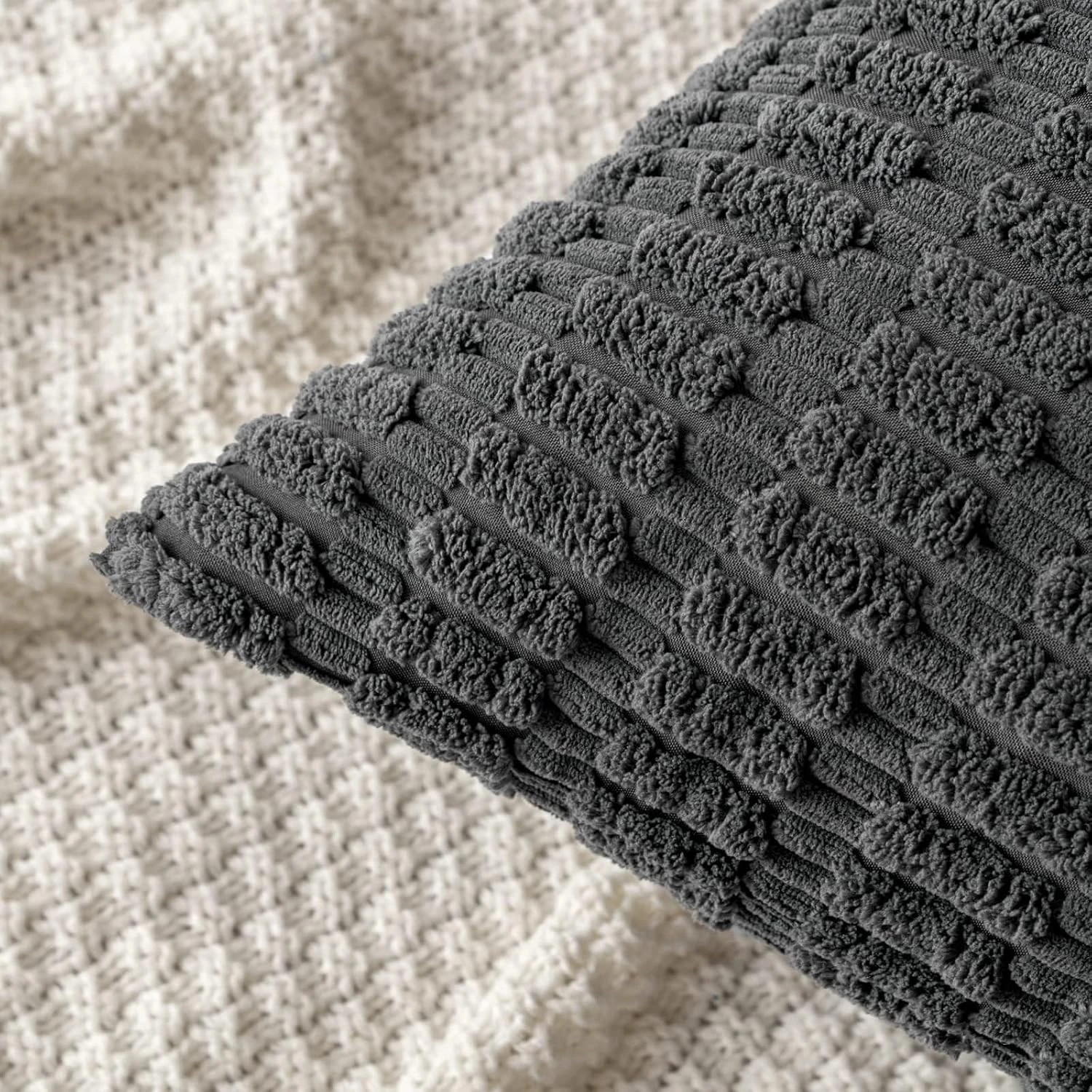 3 Gioia Casa 2-Pack Boho Striped Corduroy Cushion Covers 30x50cm - Dark Grey, 3 of 3