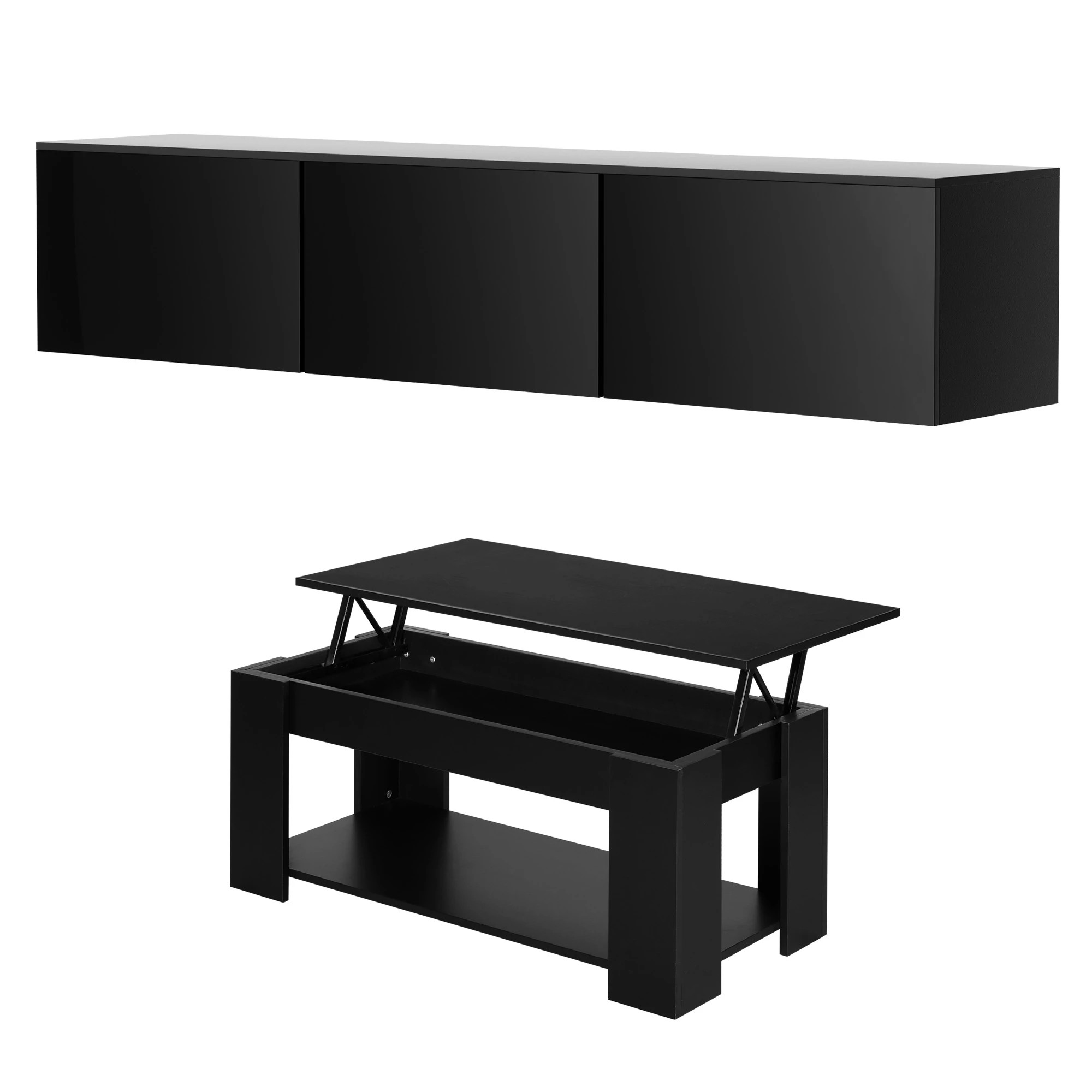 1 Artiss Floating TV Unit & Lift Up Coffee Table Set with Hidden Storage Space High Gloss Front - Black, 1 of 10