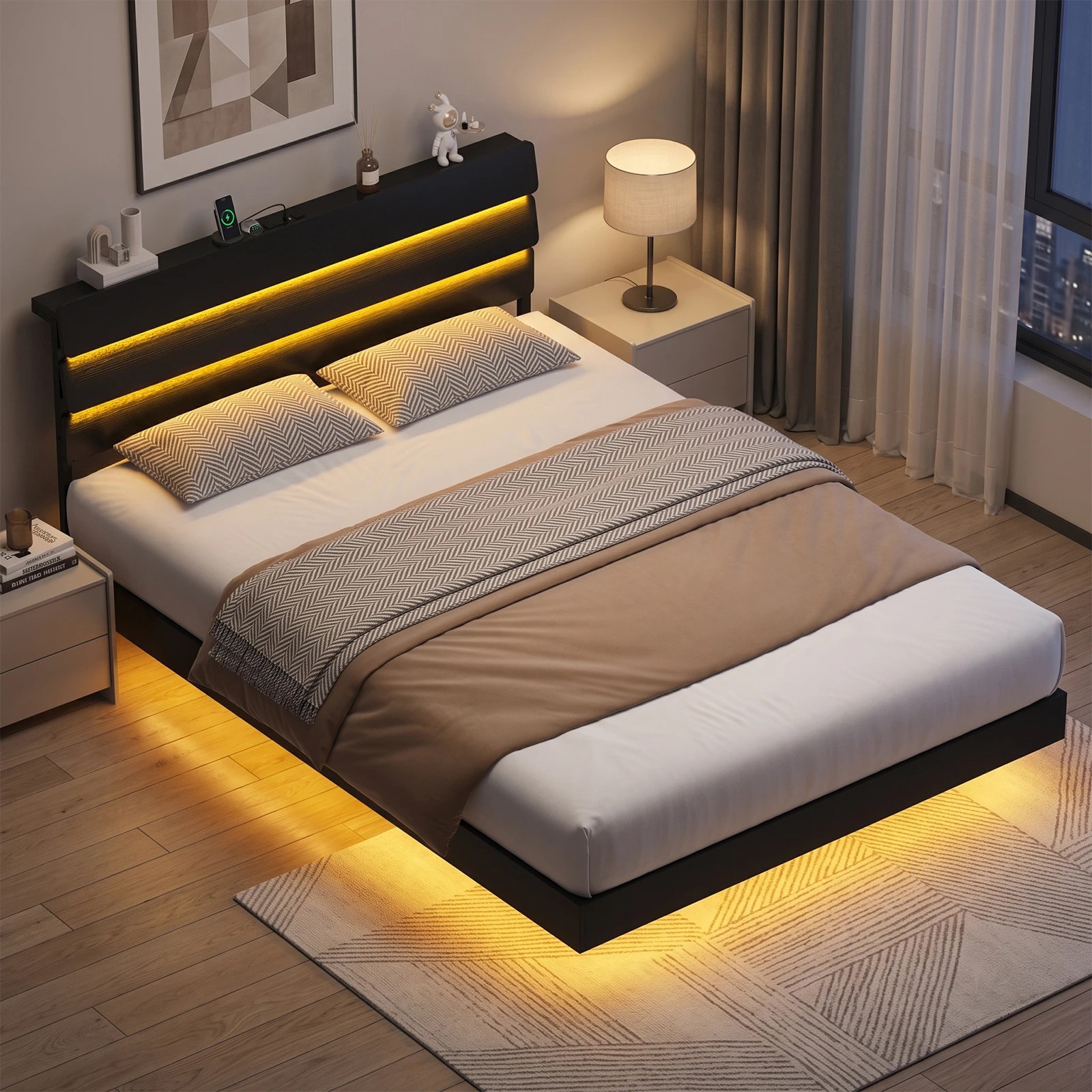 8 Advwin Double Size LED Floating Bed Frame with Tiered Storage Headboard Charging Station - Black, 8 of 8
