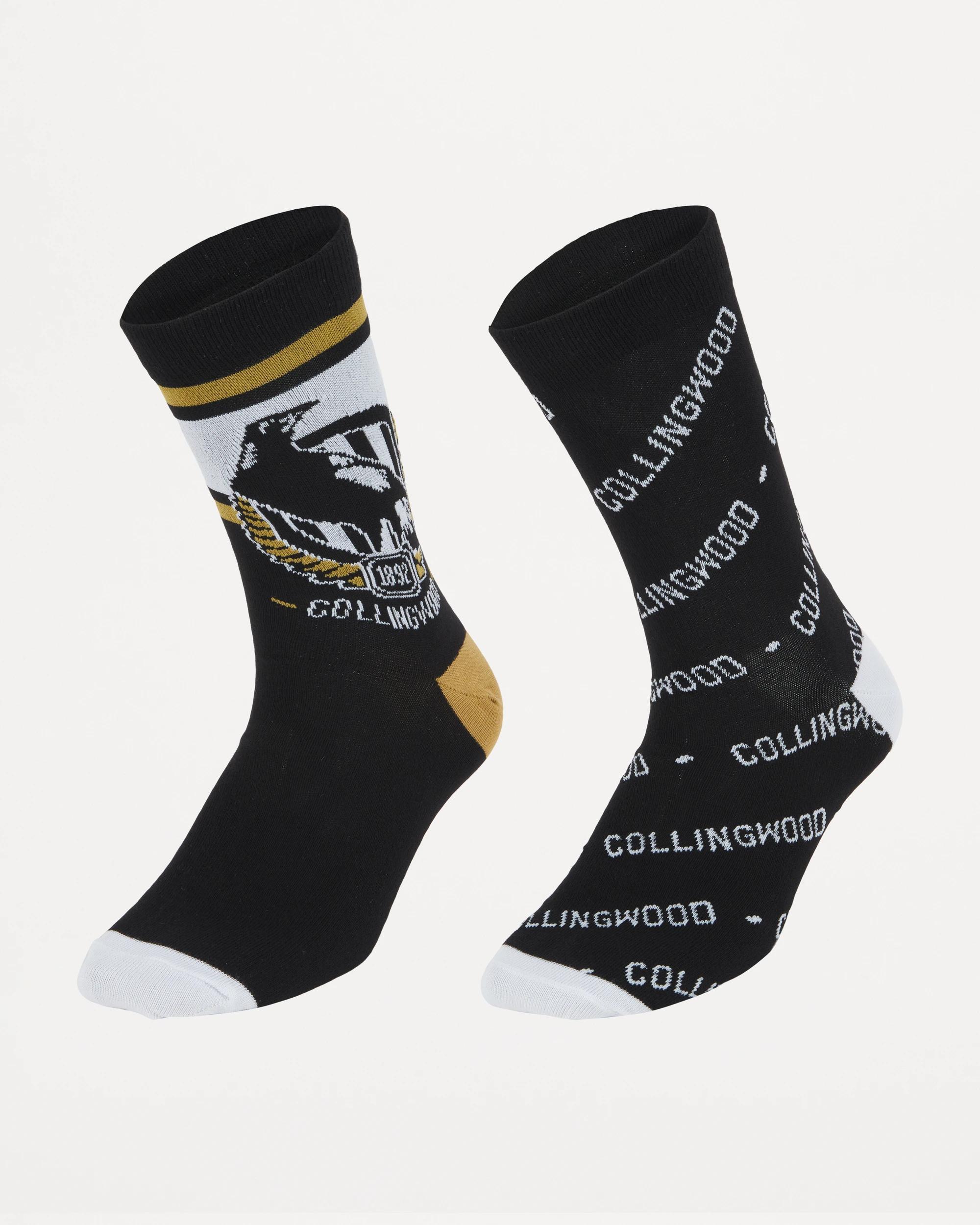 1 2 Pack Official AFL Adult Sock Set BLACK COLLINGWOOD, 1 of 3