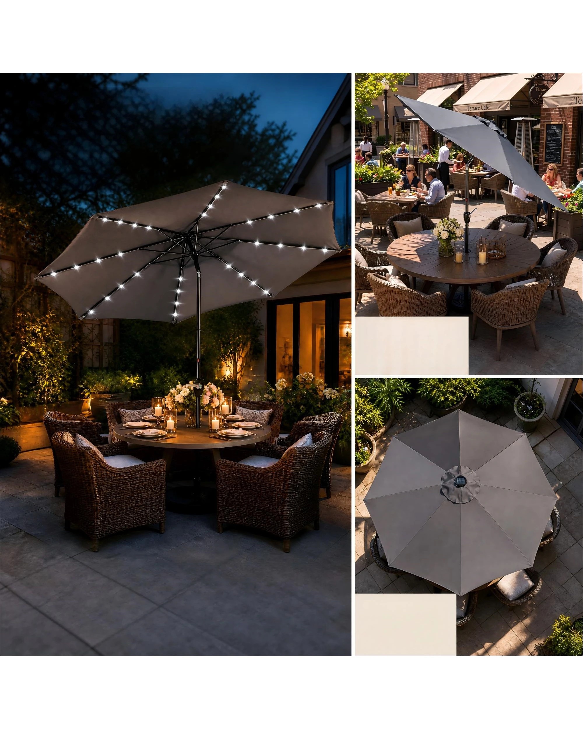 8 Advwin Solar Patio Umbrella with Base, 3m Outdoor Umbrella with 32 LED Lights & Cover - Grey, 8 of 9