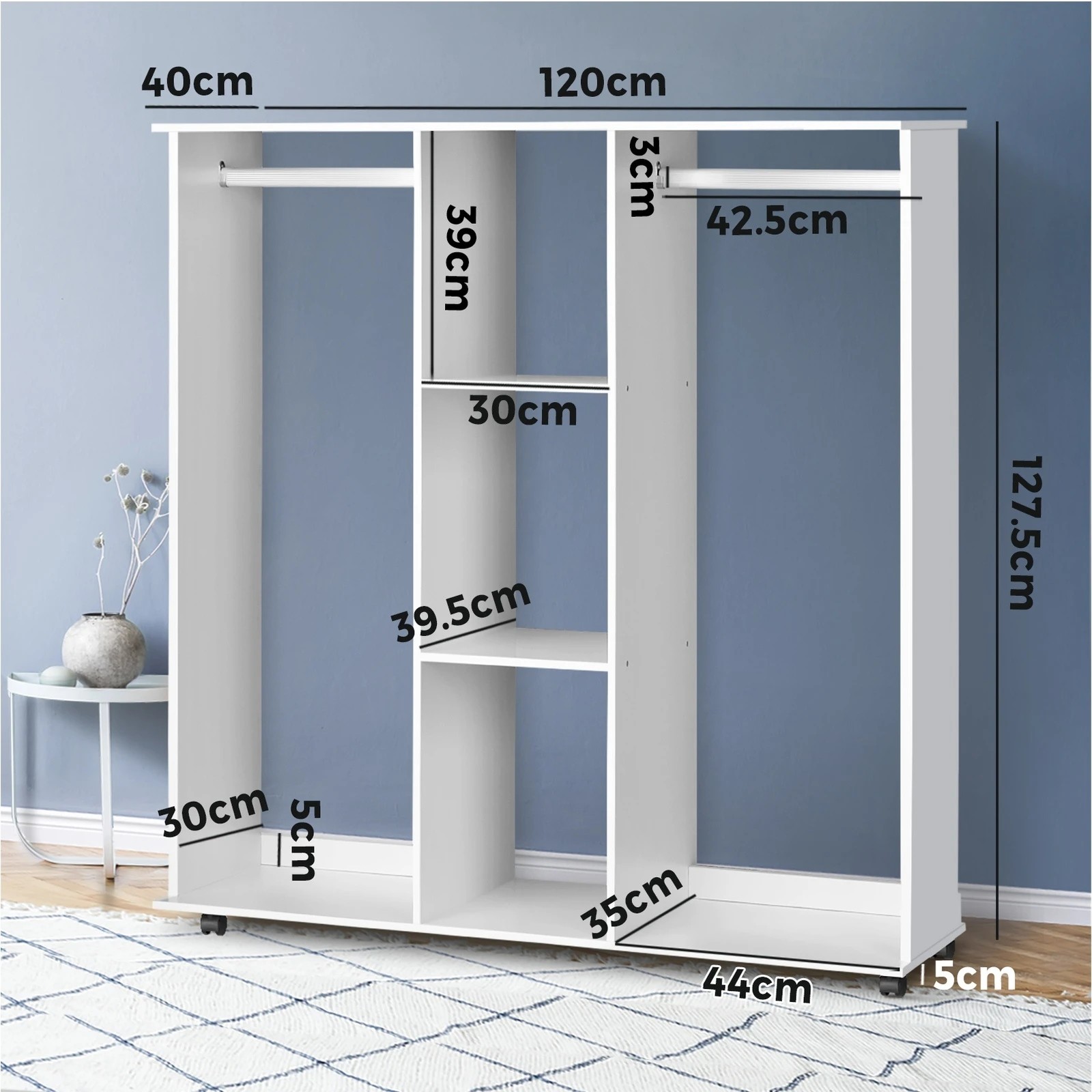 3 Oikiture Portable Double Wardrobe Storage Shelves Organizer Clothes Rack Hanger
 - White, 3 of 4