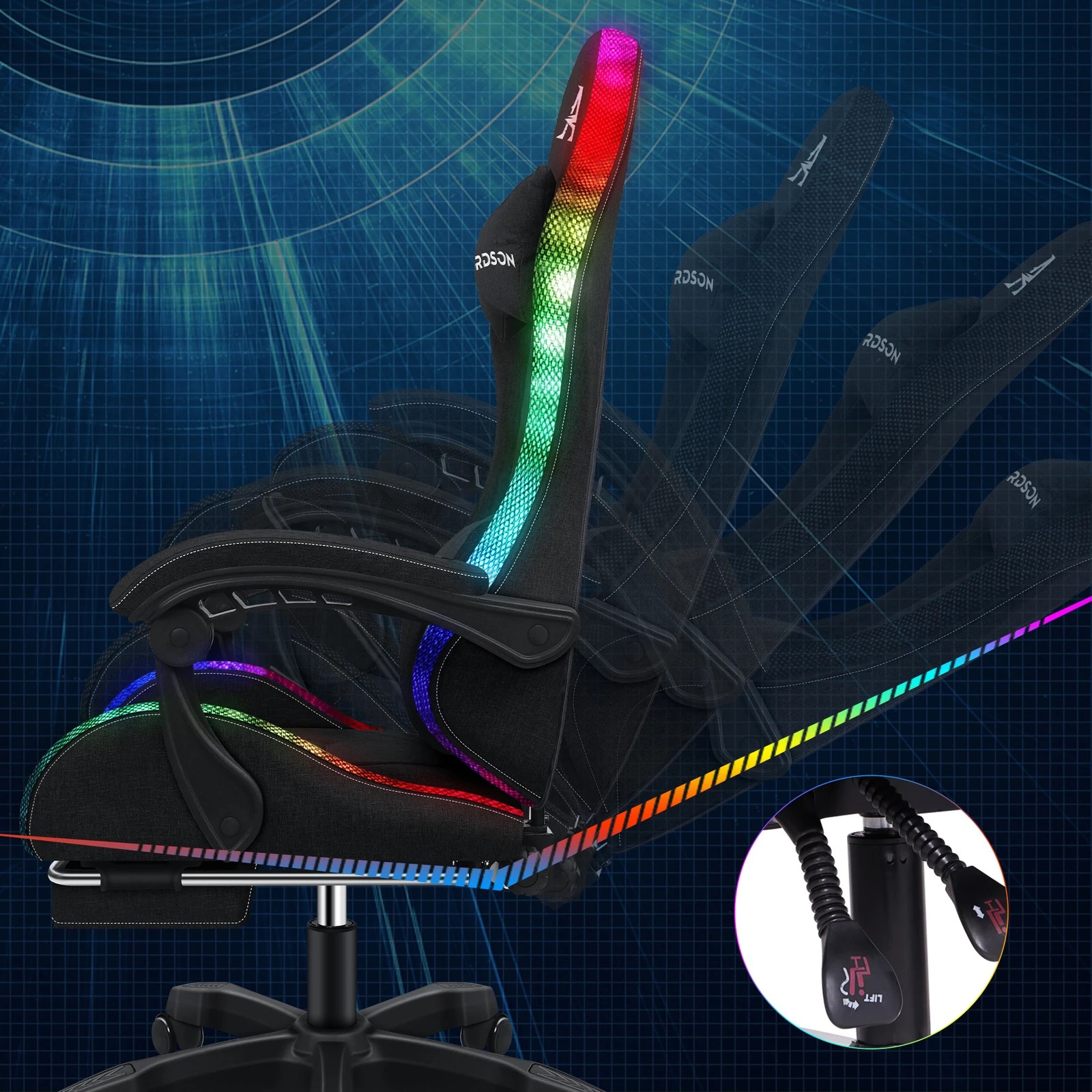 5 Alfordson Gaming Chair Office Massage 12 RGB LED Computer Fabric - All Black, 5 of 10