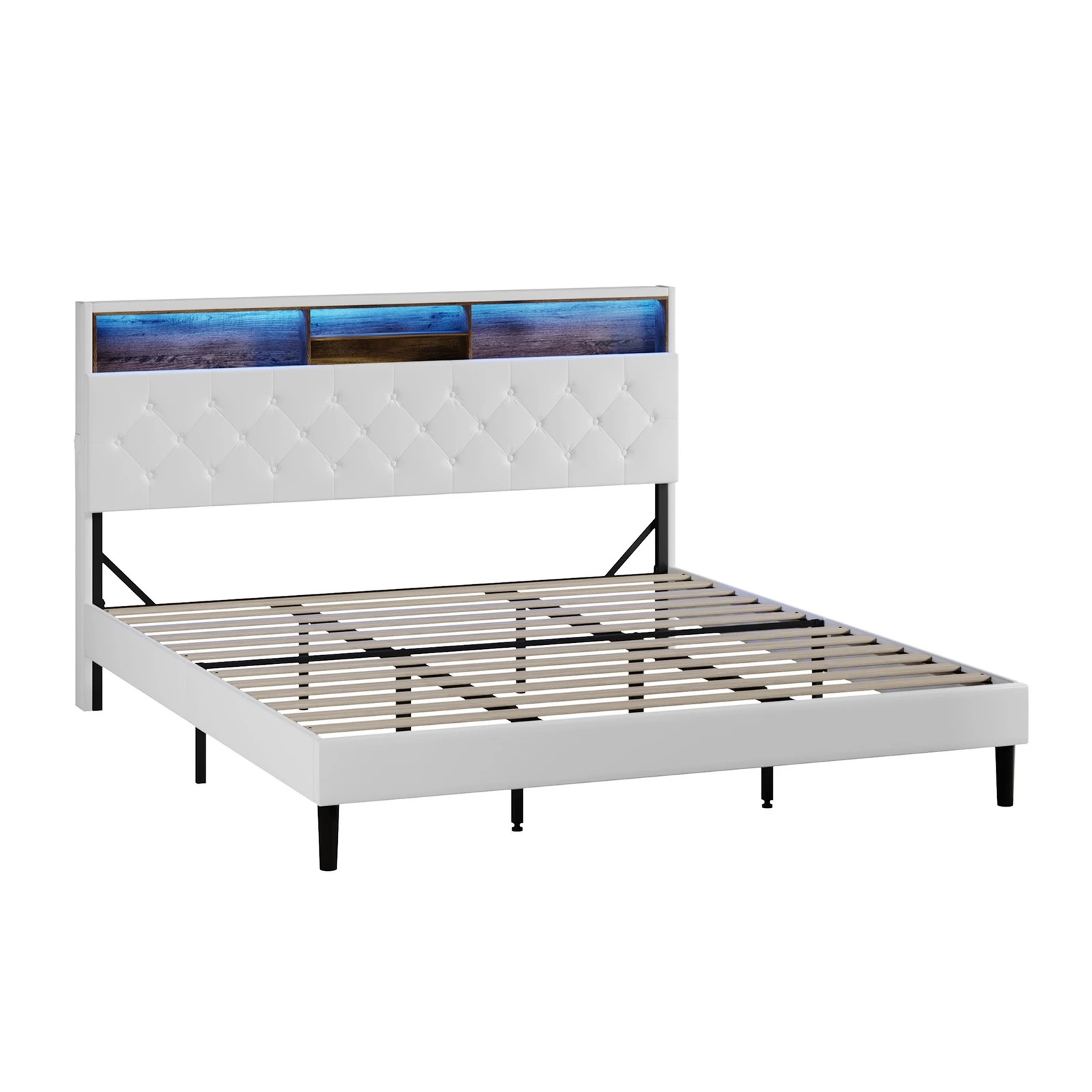 9 Oikiture Bed Frame King Size with LED Storage Bedhead - White, 9 of 9