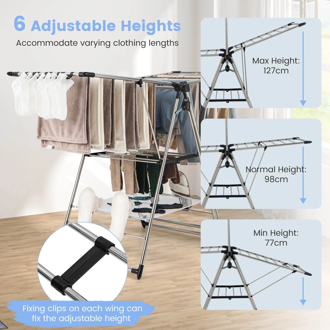 5 Costway Clothes Drying Rack Stainless Steel Gullwing Airer 6 Adjustable Height Laundry Stand, 5 of 9