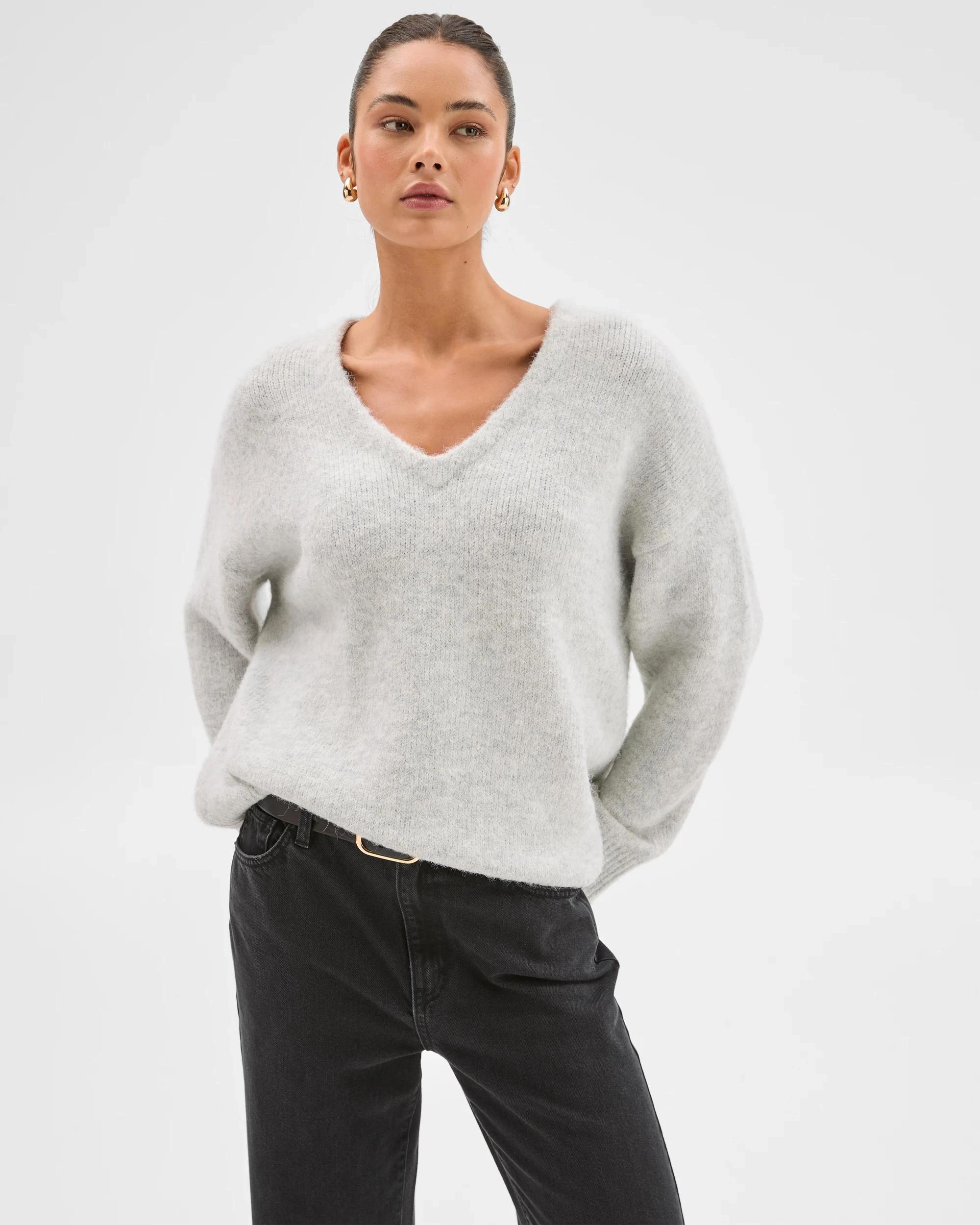 4 Lily Loves V-Neck Fluffy Knit Jumper SILVER MARLE, 4 of 7
