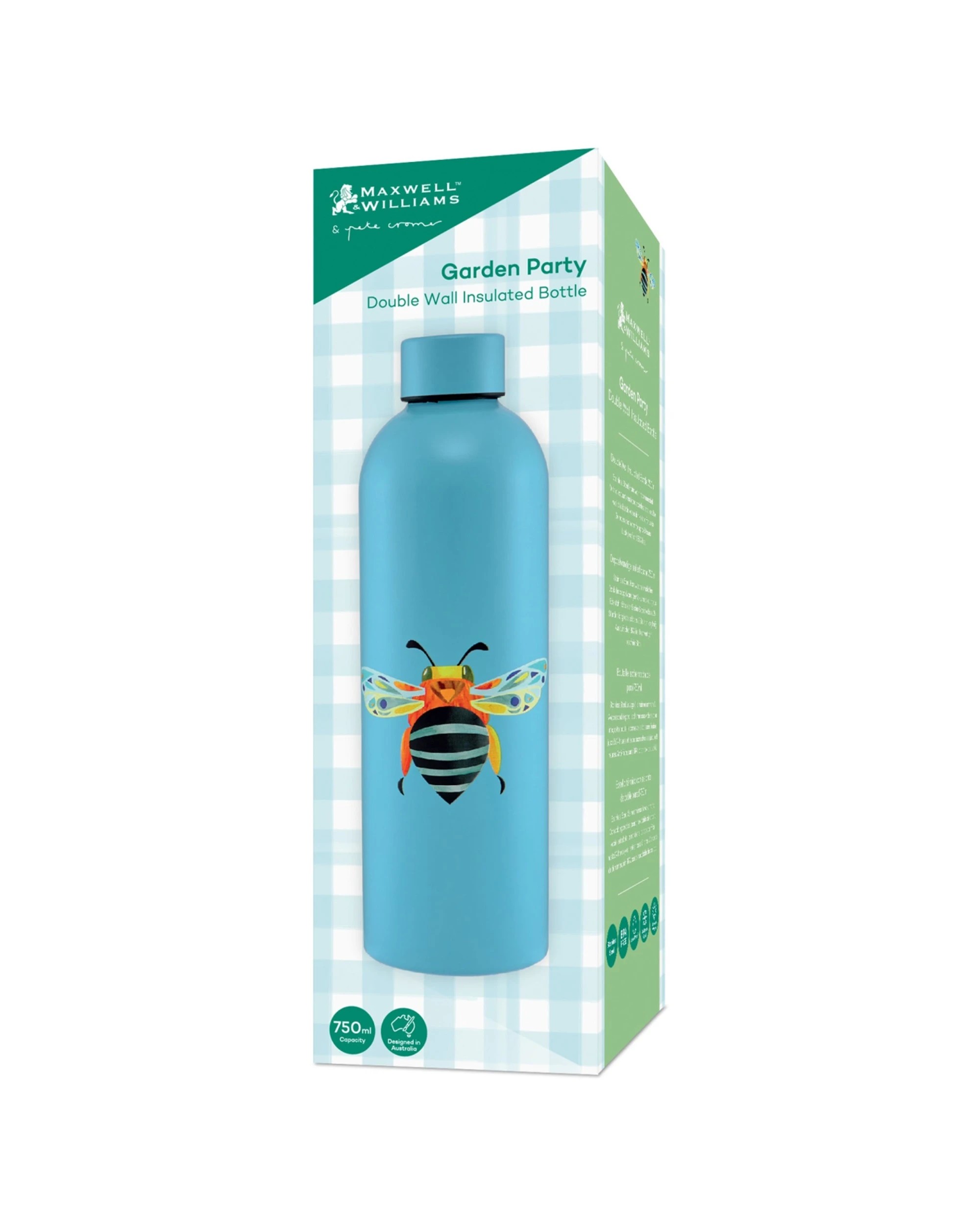 4 Maxwell & Williams Pete Cromer Garden Party Leakproof Insulated Bottle 750ml Banded Bee - Blue, 4 of 4