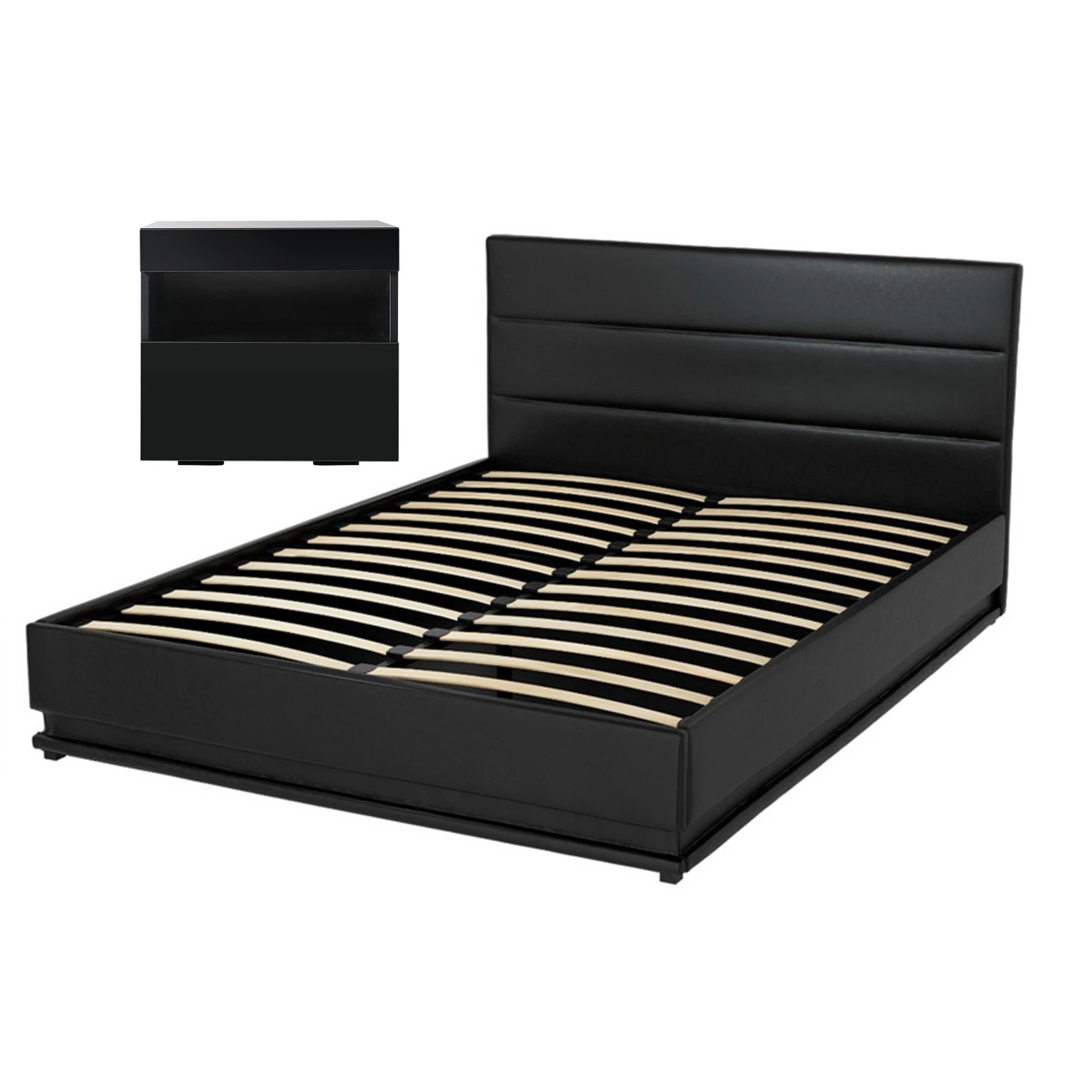 1 Artiss RGB LED Double Bed Frame with Beside Table Set 16 Colour Mood Lighting - Black, 1 of 8