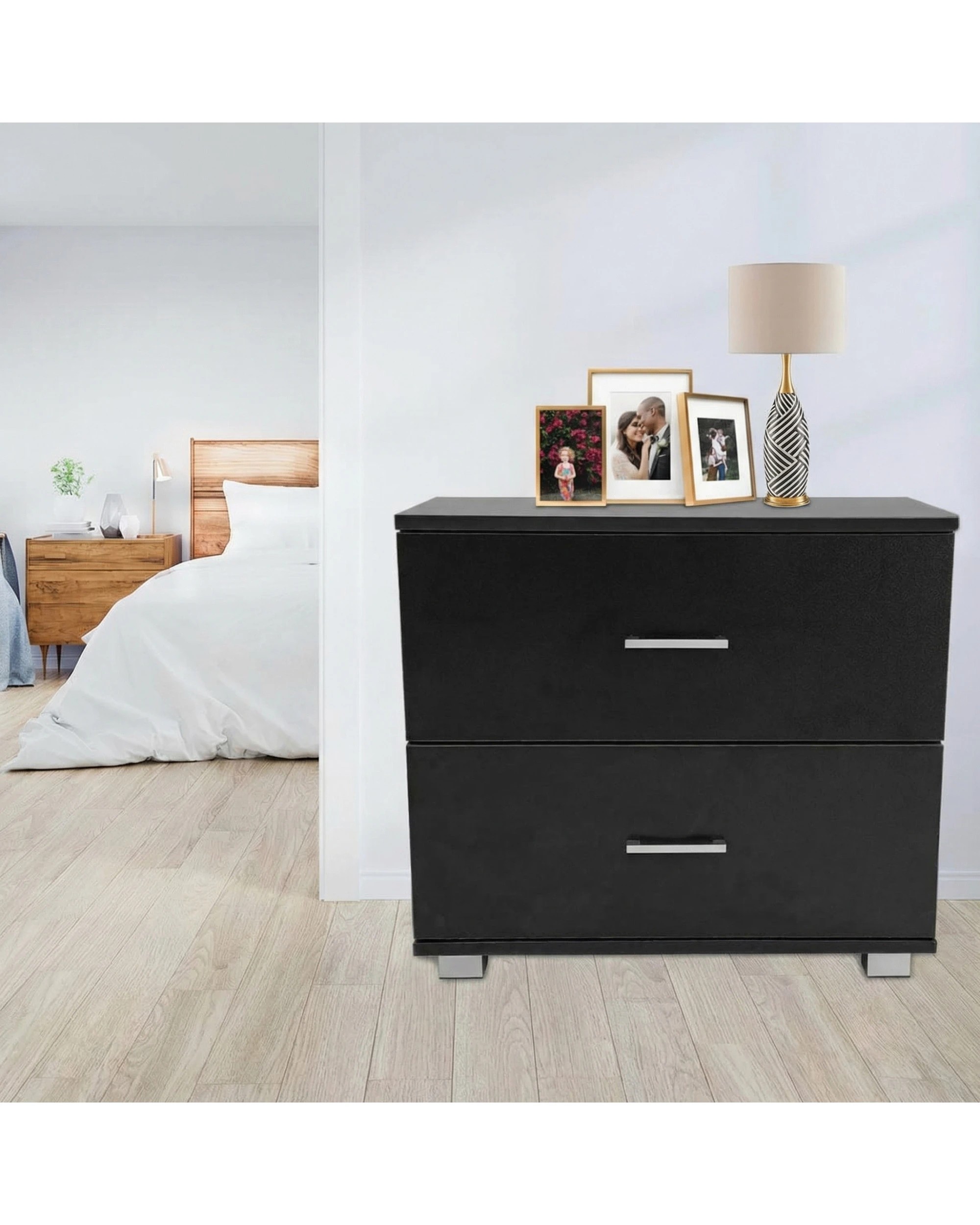 2 Bedside Table with Drawers MDF Wood in Black - Black, 2 of 5