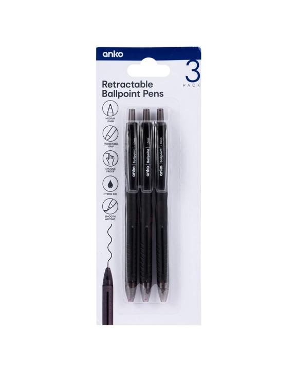 3 Pack Retractable Ballpoint Pens - Black