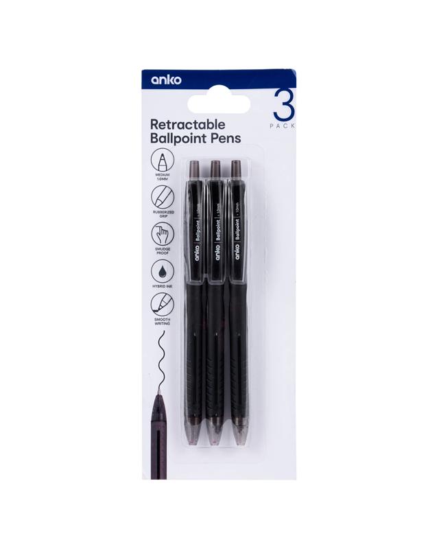 3 Pack Retractable Ballpoint Pens - B
