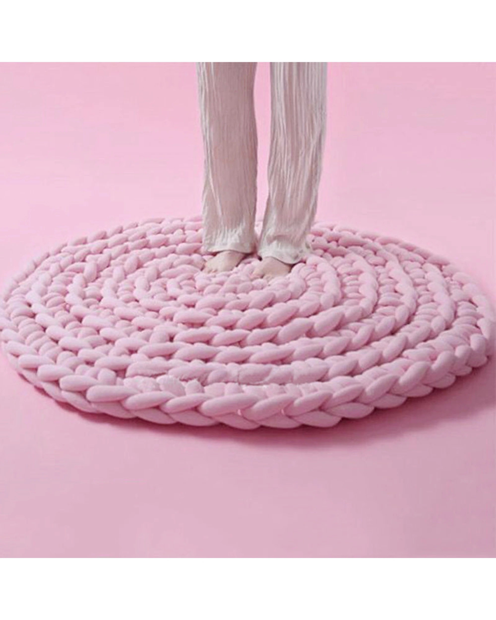 7 Cotton More Hand Knitted Chunky Braid Round Rug 90cm - Pink, 7 of 8