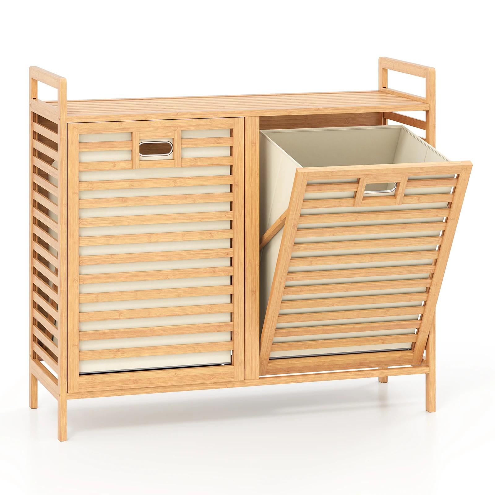 4 Costway 75L Bamboo Laundry Hamper Double Tilt-out Cabinet w/2 Removable Bins - Natural, 4 of 6