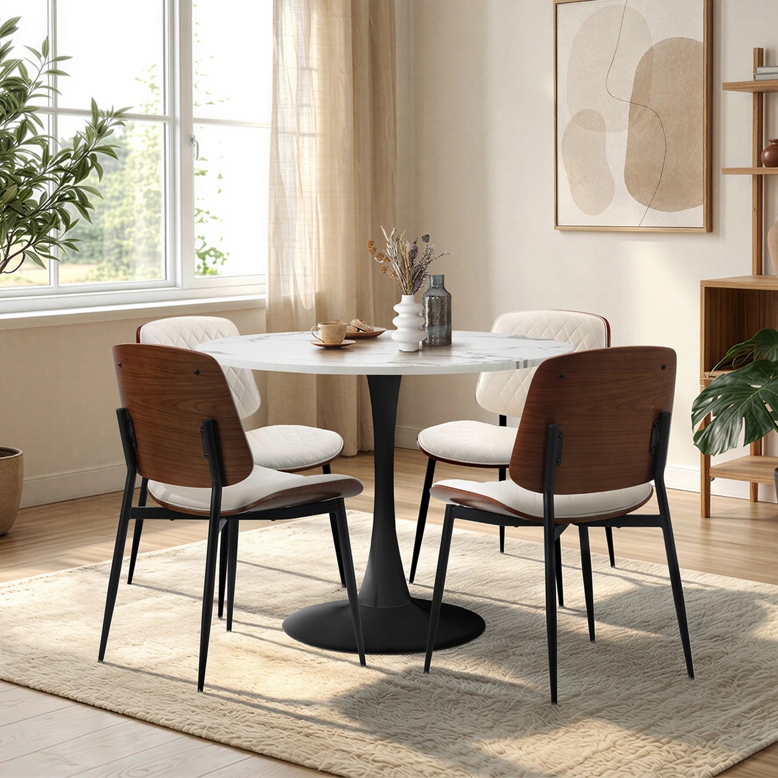 4 Oikiture Dining Table Set 90cm Round Dining Table and Chairs PU Leather -White&Black, 4 of 9
