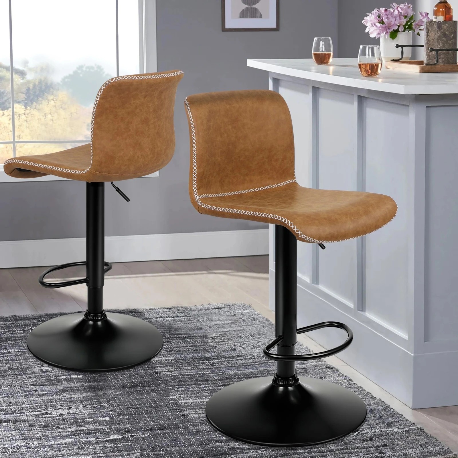2 Alfordson 2x Bar Stools Remy Kitchen Gas Lift Swivel Chair Vintage Leather - Brown, 2 of 10
