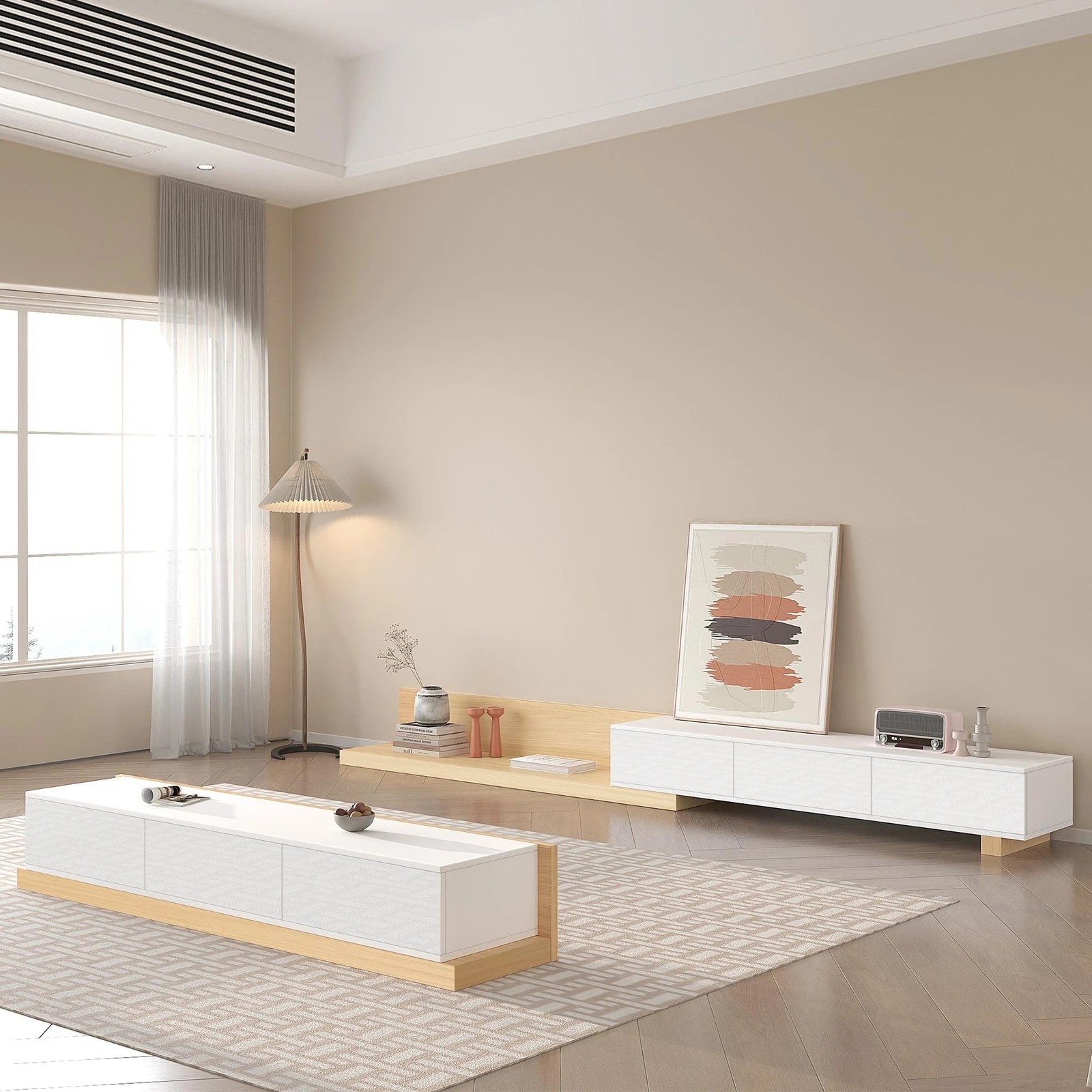 1 Alfordson 200-380cm Extendable Entertainment Unit TV Cabinet Stand Storage Shelf - Wood White, 1 of 8