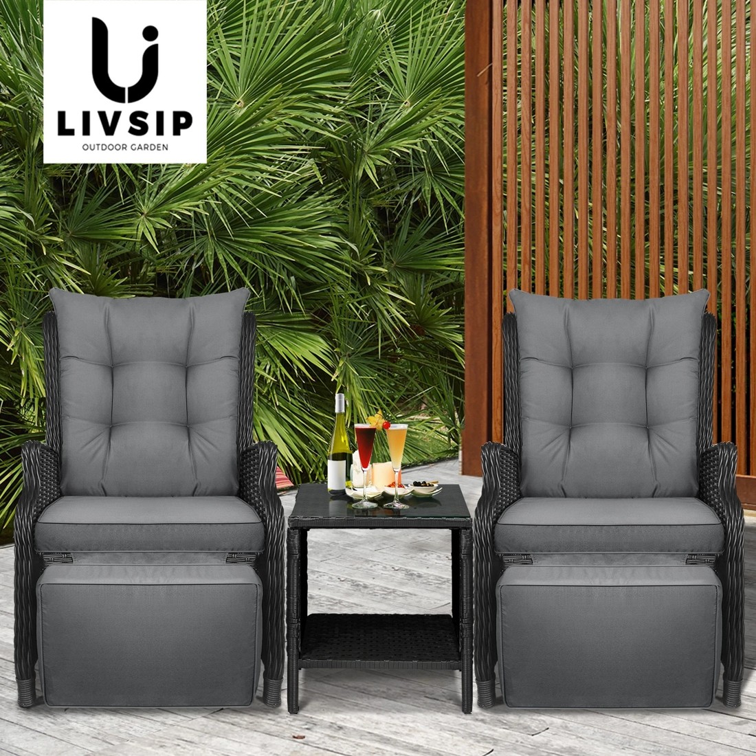 2 Livsip Sun Lounge Outdoor Recliner Chair &table Outdoor Furniture Patio Set Of 3
 - Black, 2 of 10