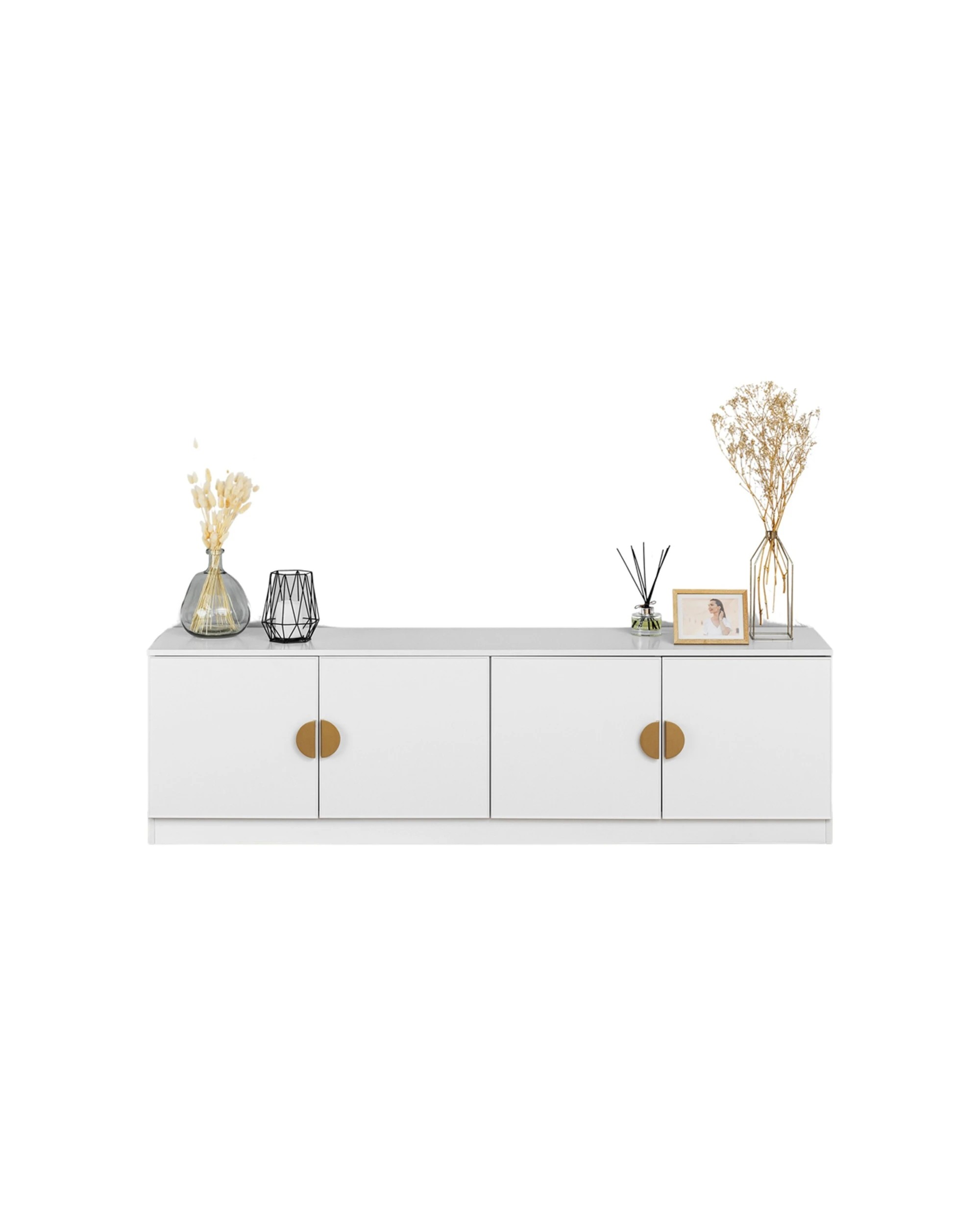 2 European Cabinetry Bucharest Slim Panel TV Unit Brass Half Moon Handle - White, 2 of 4