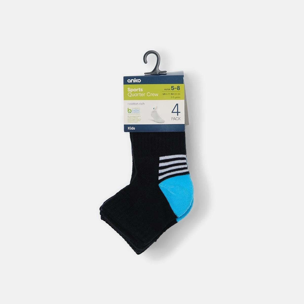 3 4 Pack Active Kids Quarter Crew Socks F24 Black, 3 of 3