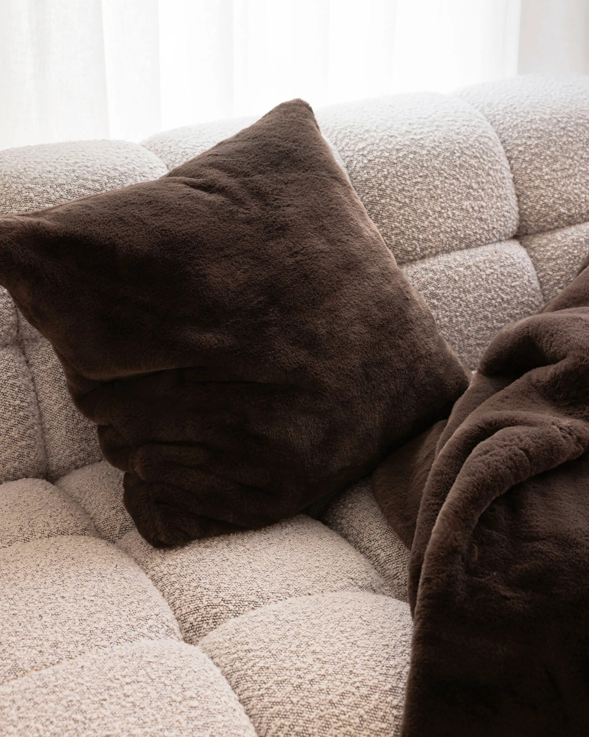 2 Bambury Frida Soft Thick Faux Fur Square Cushion Chocolate - Brown, 2 of 3