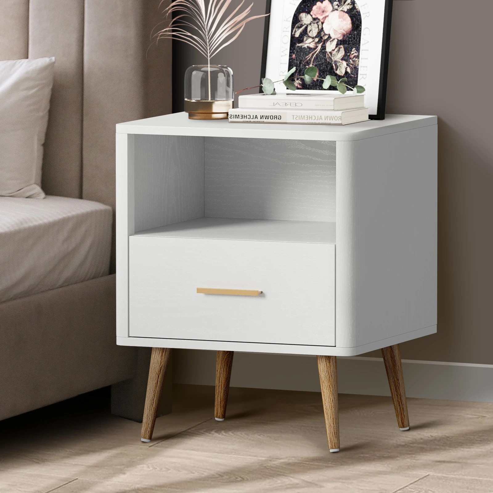 2 Oikiture Bedside Table 1 Drawer Open Shelf Side End Tables Nightstand
 - White, 2 of 10