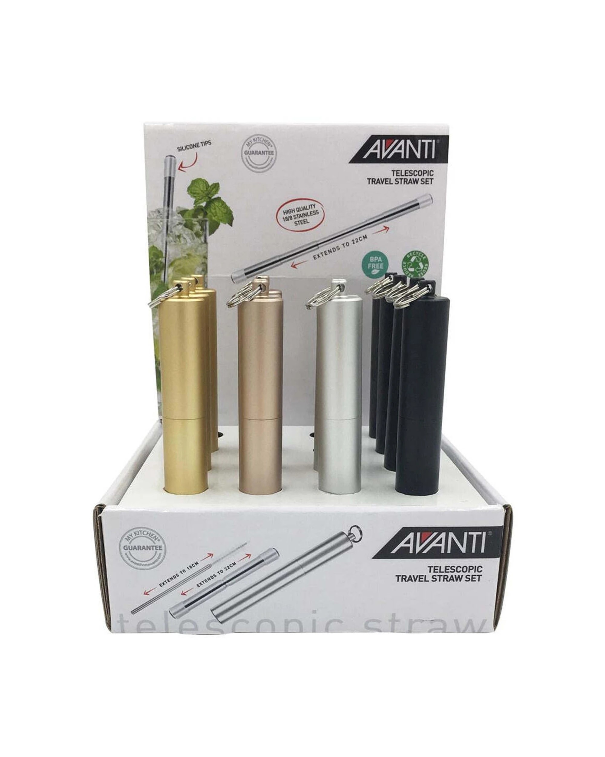 2 Avanti Telescopic Travel Straw Foldable With Keyring Case And Carabiner - Black, 2 of 3