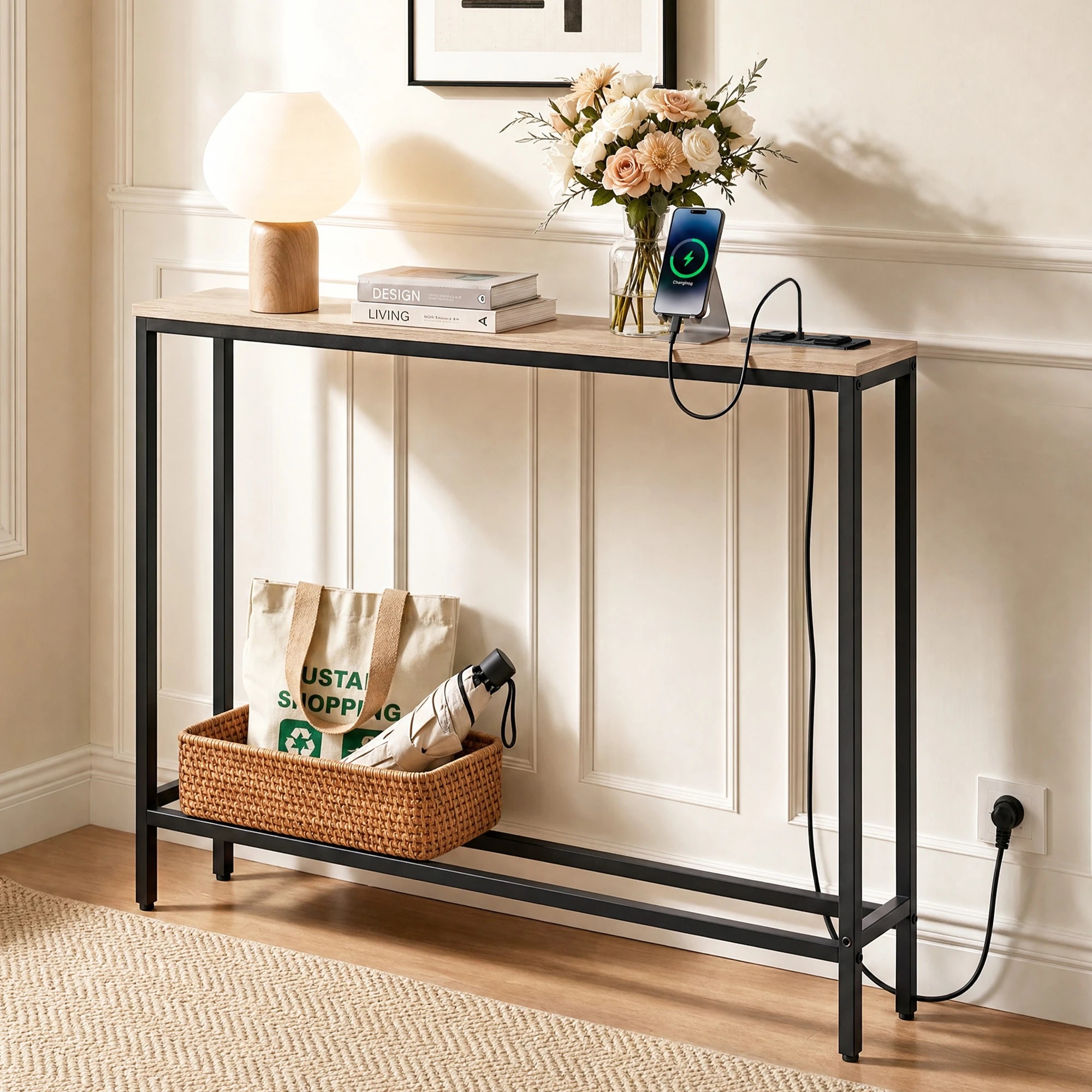 9 Artiss Console Table Entryway Hallway Narrow Display Desk Charging Station 100CM Wood - Multi, 9 of 9