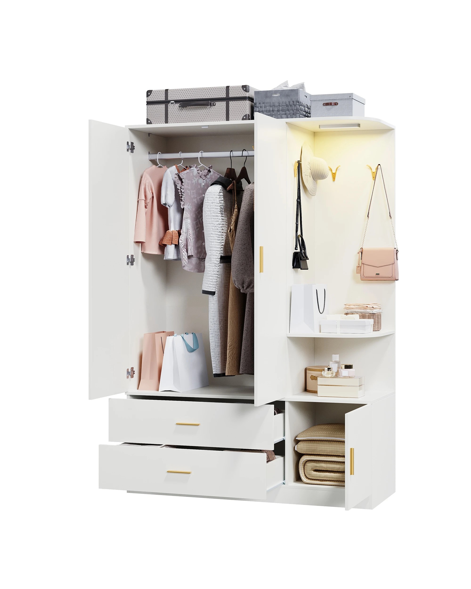 5 Advwin 3 Doors Armoire Wardrobe Closet with Mirror & Sensor Light - White, 5 of 9