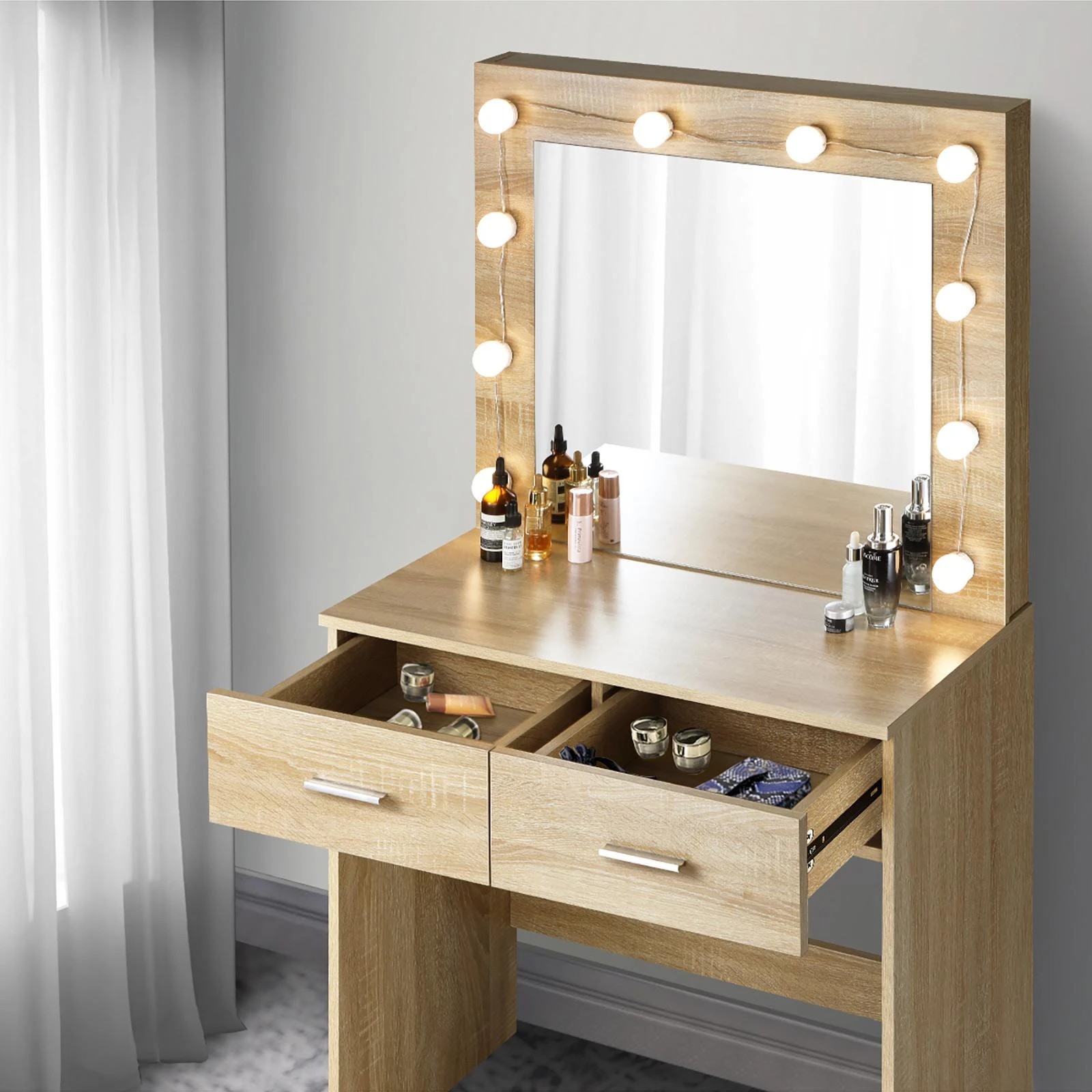 5 Oikiture Dressing Table Stool Set Makeup Mirror Storage Desk 10 Led Bulbs Wooden
 - Natural, 5 of 9