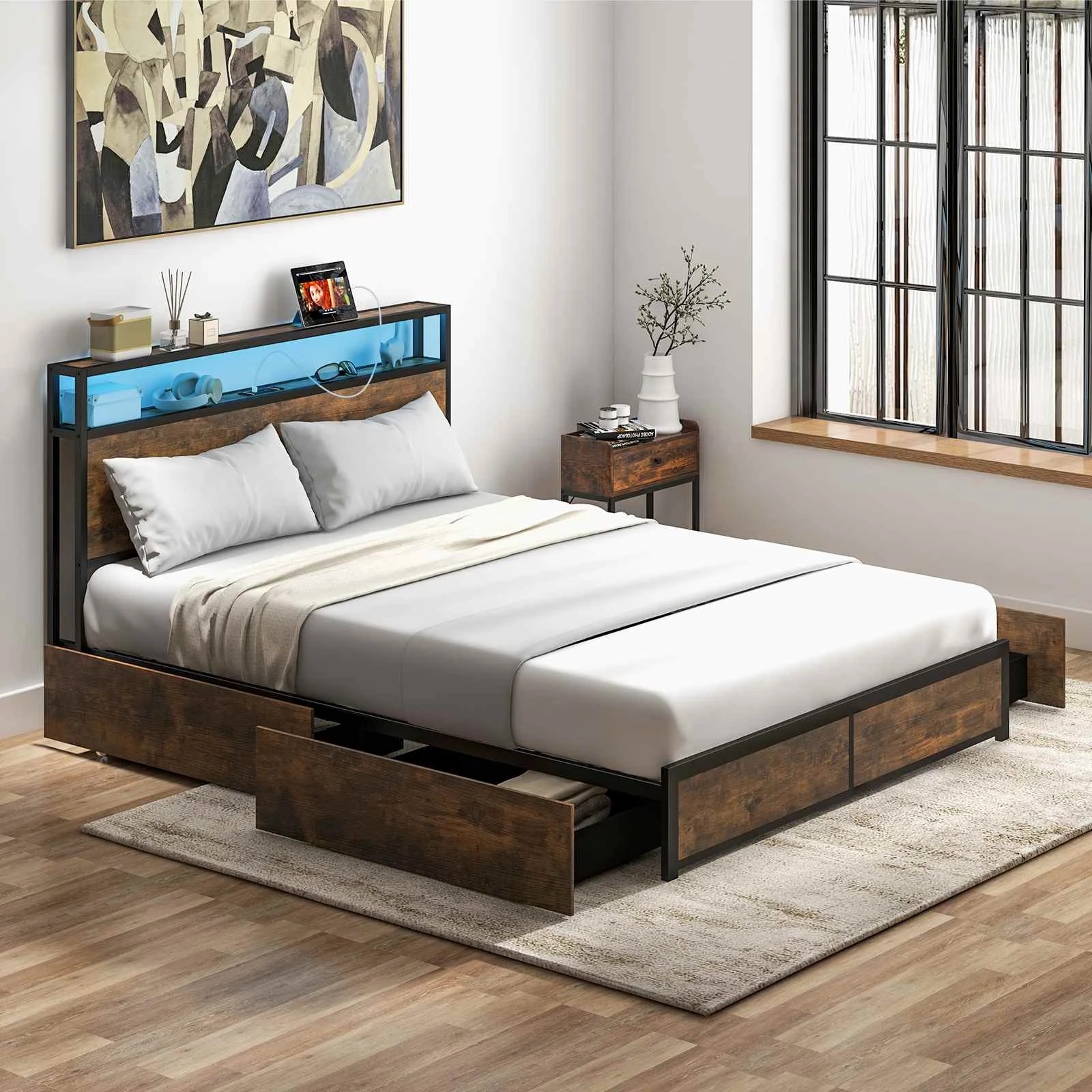 2 Costway Queen Size Metal Bed Frame LED Bed Base w/Drawers, 2 of 8