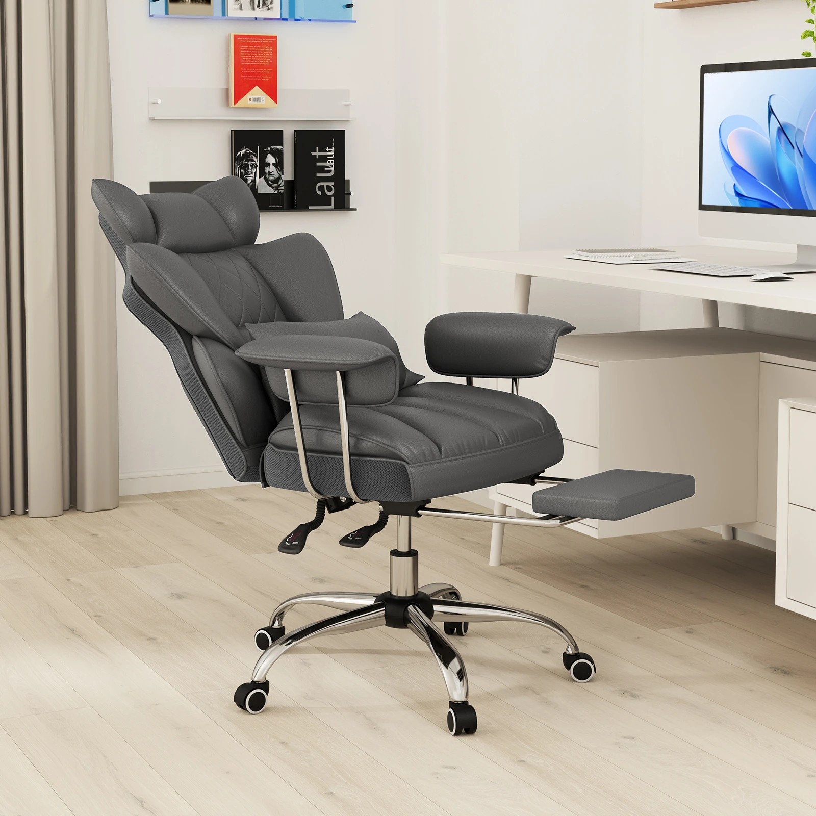 2 Costway 180kg Big & Tall Office Chair Executive Desk Chair w/Retractable Footrest - Grey, 2 of 3